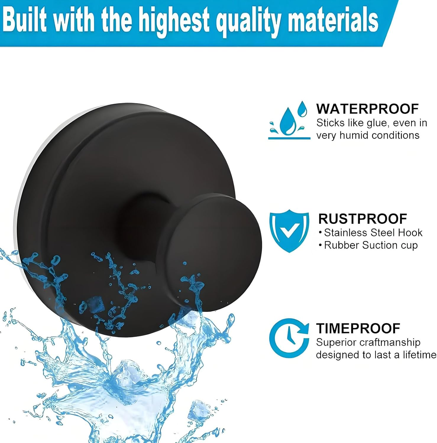 MYTOAU 6 Pack Suction Cup Hooks for Bathroom,Stainless Steel Suction Self Adhesivetowel Hooks,No Drill Heavy Duty Hooks for Bathroom Wall,Kitchen,Glass,Mirror,Tile to Hang Towels,Robes,Loofah(Black) image number 3