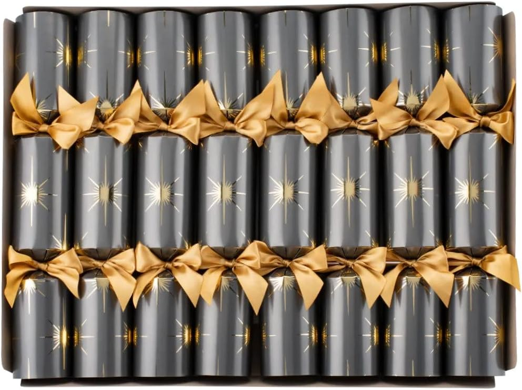 Luxury Christmas Star Handmade Bon Bons | Box of 8 | Silver-Grey with Gold Bow & North Star Design | Includes Miniature Gifts & Party Fun