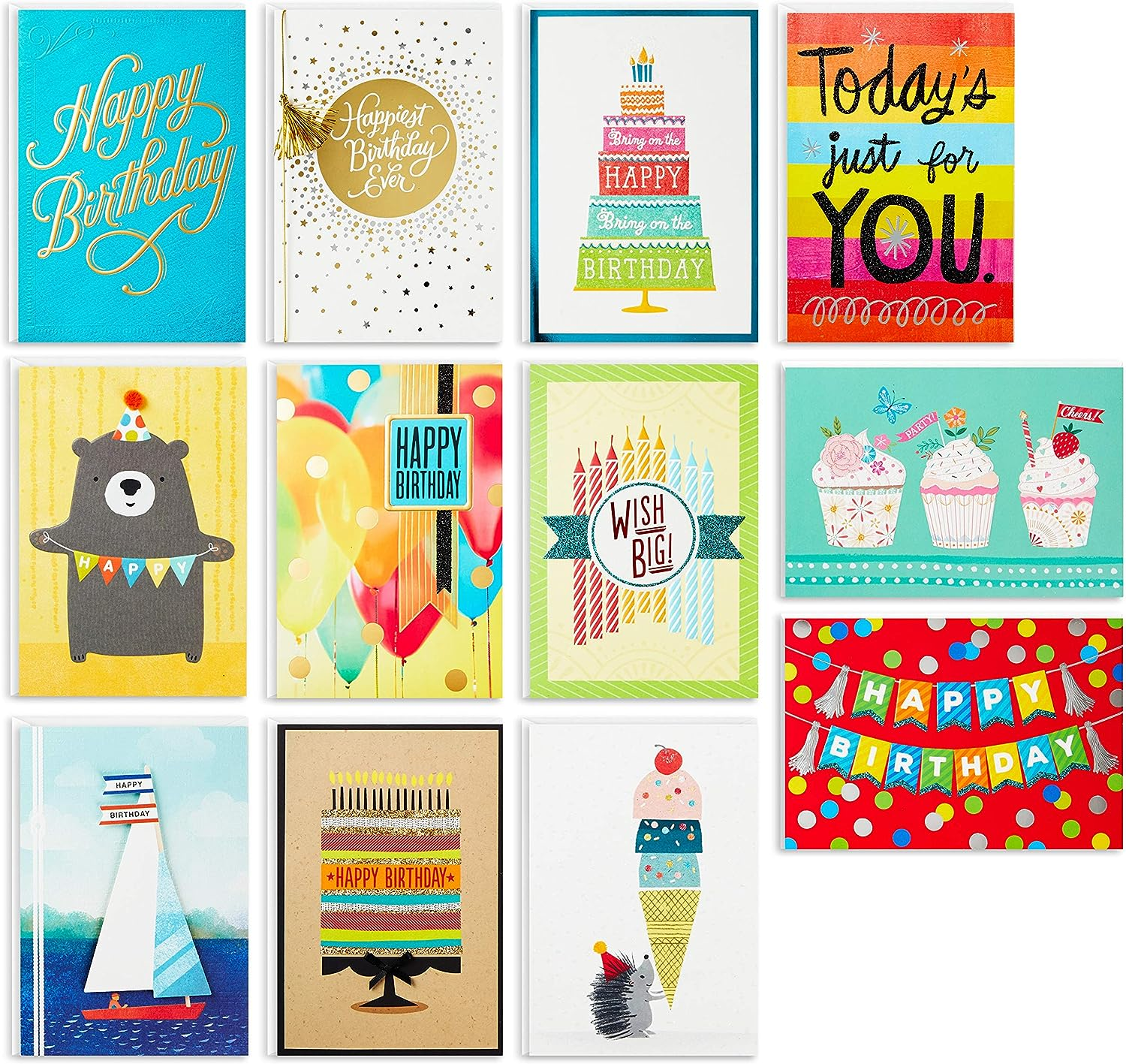 Hallmark Birthday Cards Assortment, 12 Cards with Envelopes (Premium Refill Pack for Hallmark Card Organizer Box), 5EDX1019