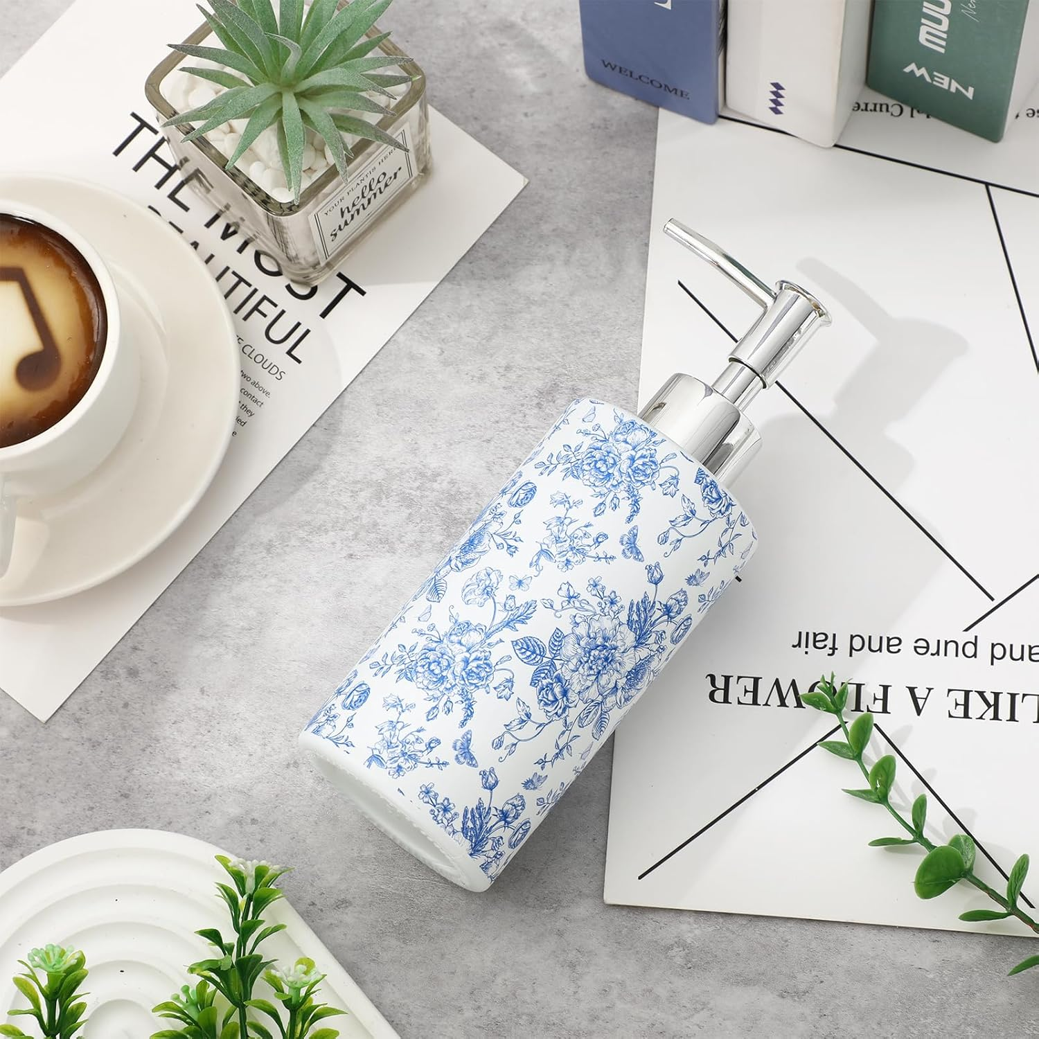 Jarthenaamcs Blue Floral Soap Dispenser Vintage Flower Butterfly Glass Dispenser with Pump Refillable Chinoiserie Liquid Soap Container for Farmhouse Home Kitchen Bathroom Countertop image number 3