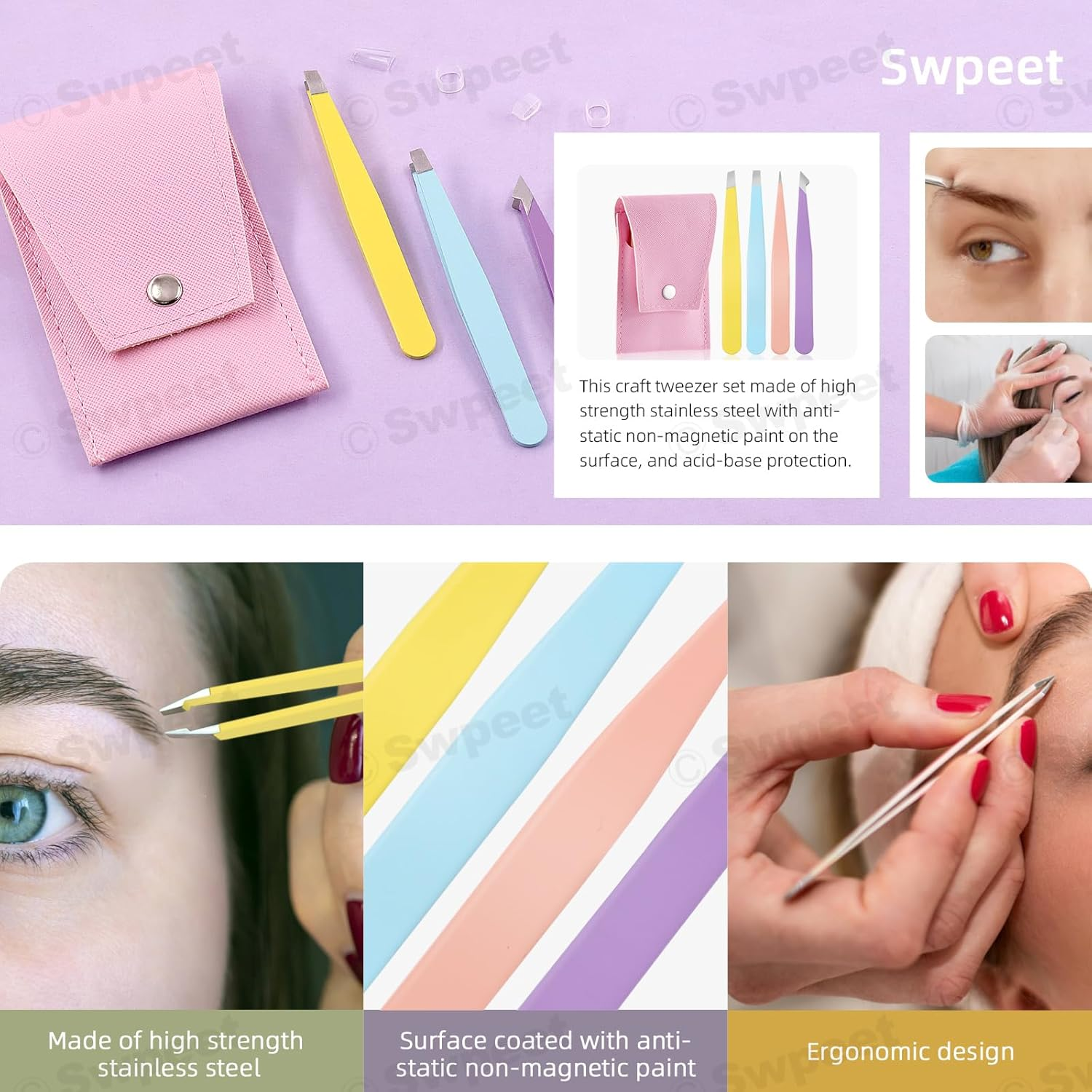 Swpeet 4Pcs 3.79 Inches Multi-Color Eyebrow Tweezers Stainless Steel Tweezers Kit with Leather Travel Case, Professional Slant Pointed Precision Tweezers Great Precision for Eyebrows Facial Hair - Black image number 6