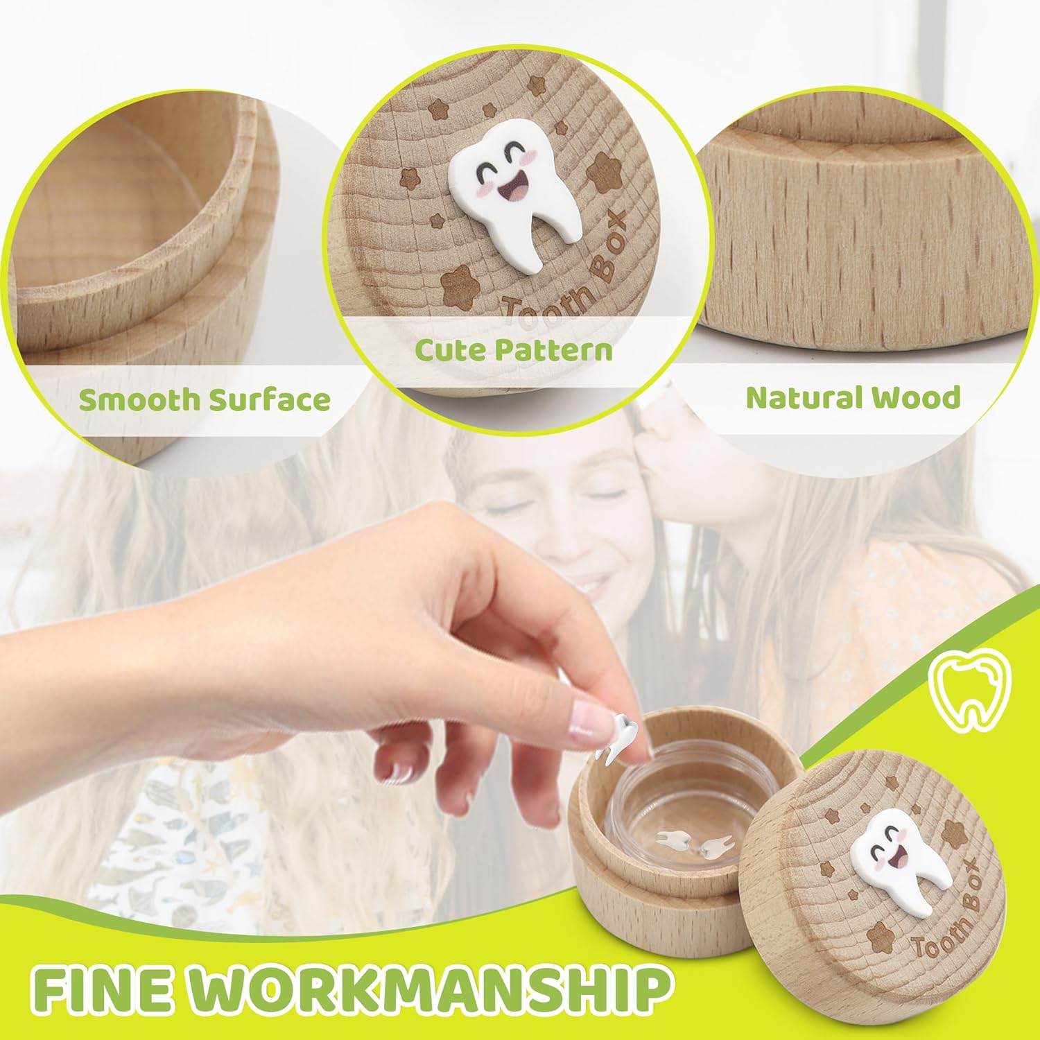 Wooden Tooth Fairy Box, Cute Tooth Fairy Tooth Holder, Tooth Fairy Kit with Tooth Fairy Coin and Transparent Storage Box, 3D Carved First Tooth Keepsake Box for Lost Teeth (Smiley) - Smiley image number 6