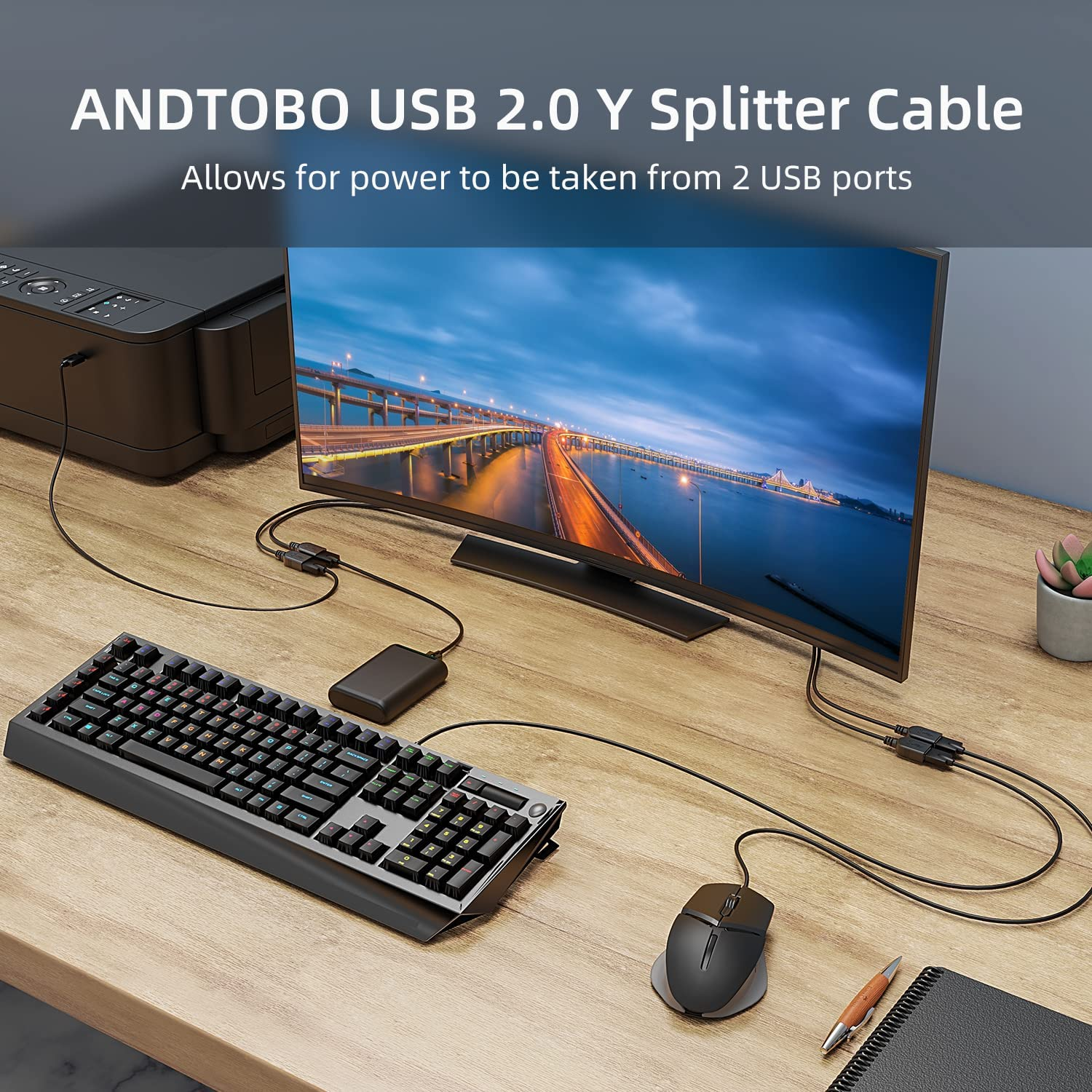 USB 1 to 4 Splitter, ANDTOBO USB 2.0 a Male to 4 USB Female Jack Y Splitter Hub Power Cord Extension Adapter Cable, Black image number 6