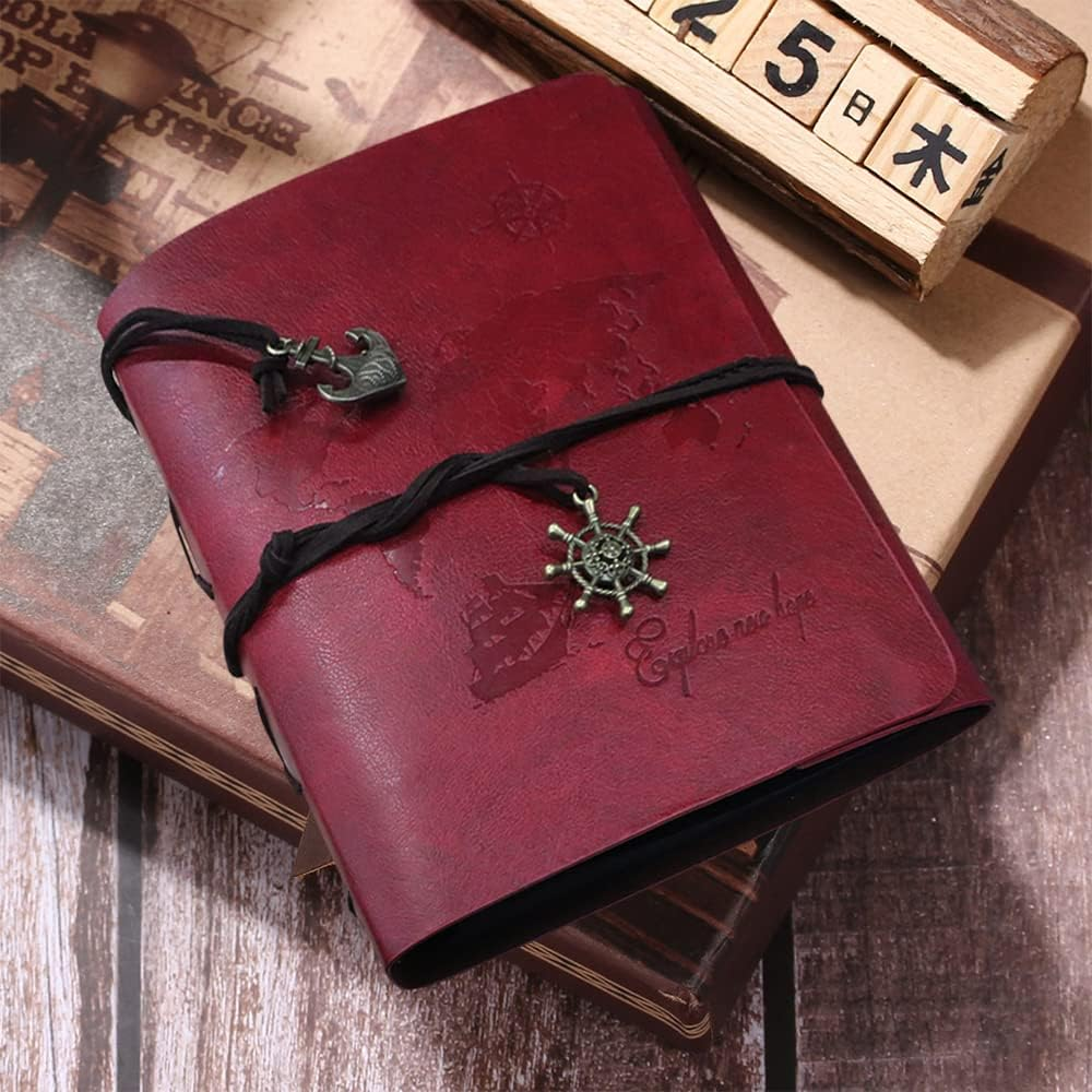 Leather Photo Album, Scrapbook Album with Retro Pendents, DIY Travel Vintage Photo Album, Family Photo Book Refillable 60 Pages for Anniversary Birthday Wedding (Red) - Coffee image number 3