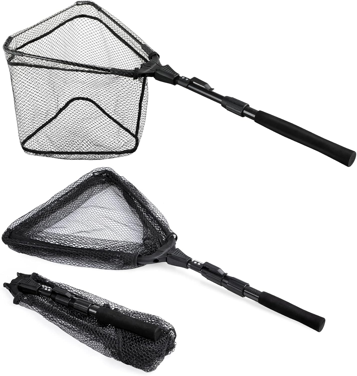 PLUSINNO Fishing Net Fish Landing Net, Foldable Collapsible Telescopic Pole Handle, Durable Nylon Material Mesh, Safe Fish Catching or Releasing