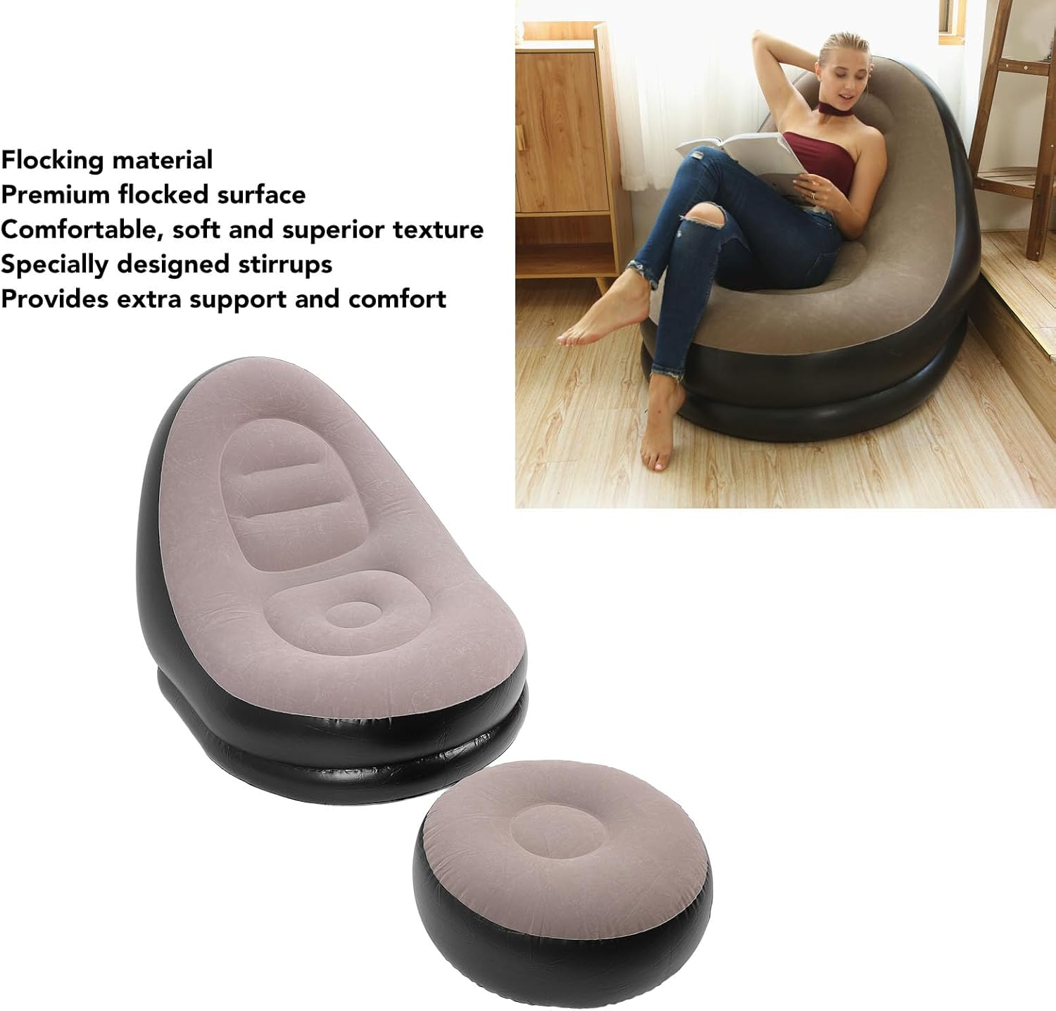 Bewinner Inflatable Sofa Chair with Footstool, Stylish Blow up Chair, Flocking Lounge Sofa Soft Camping Chair for Living Room Outdoor Travel Camping (Coffee) image number 4