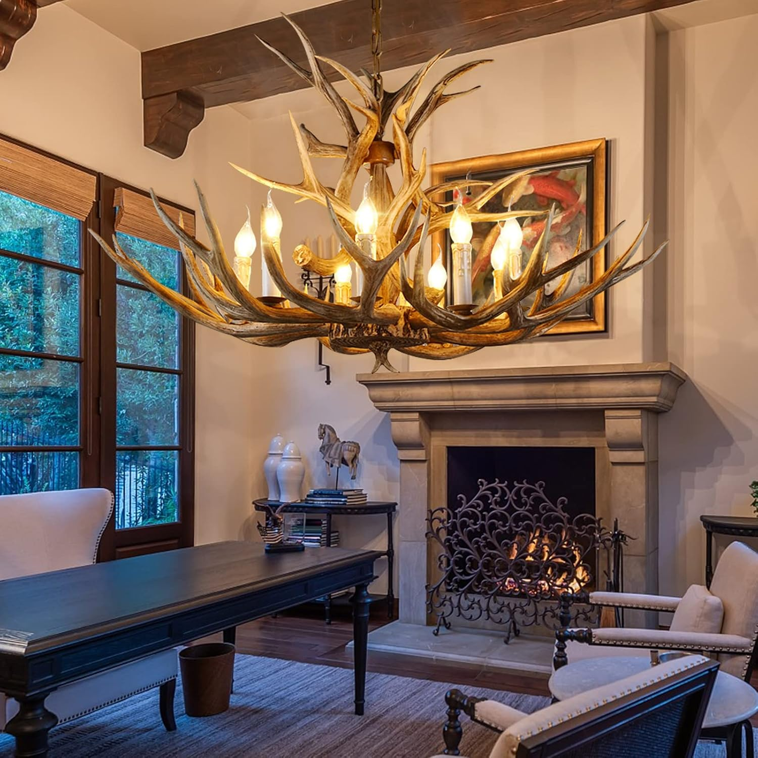 Rustic Antler Chandelier 8 Light, Large Deer Antler Chandelier Lighting Resin Antler Light Fixtures, Vintage Farmhouse Deer Horn Chandelier for Dining Room Kitchen Living Room, 8 Lights 11 Antlers image number 2