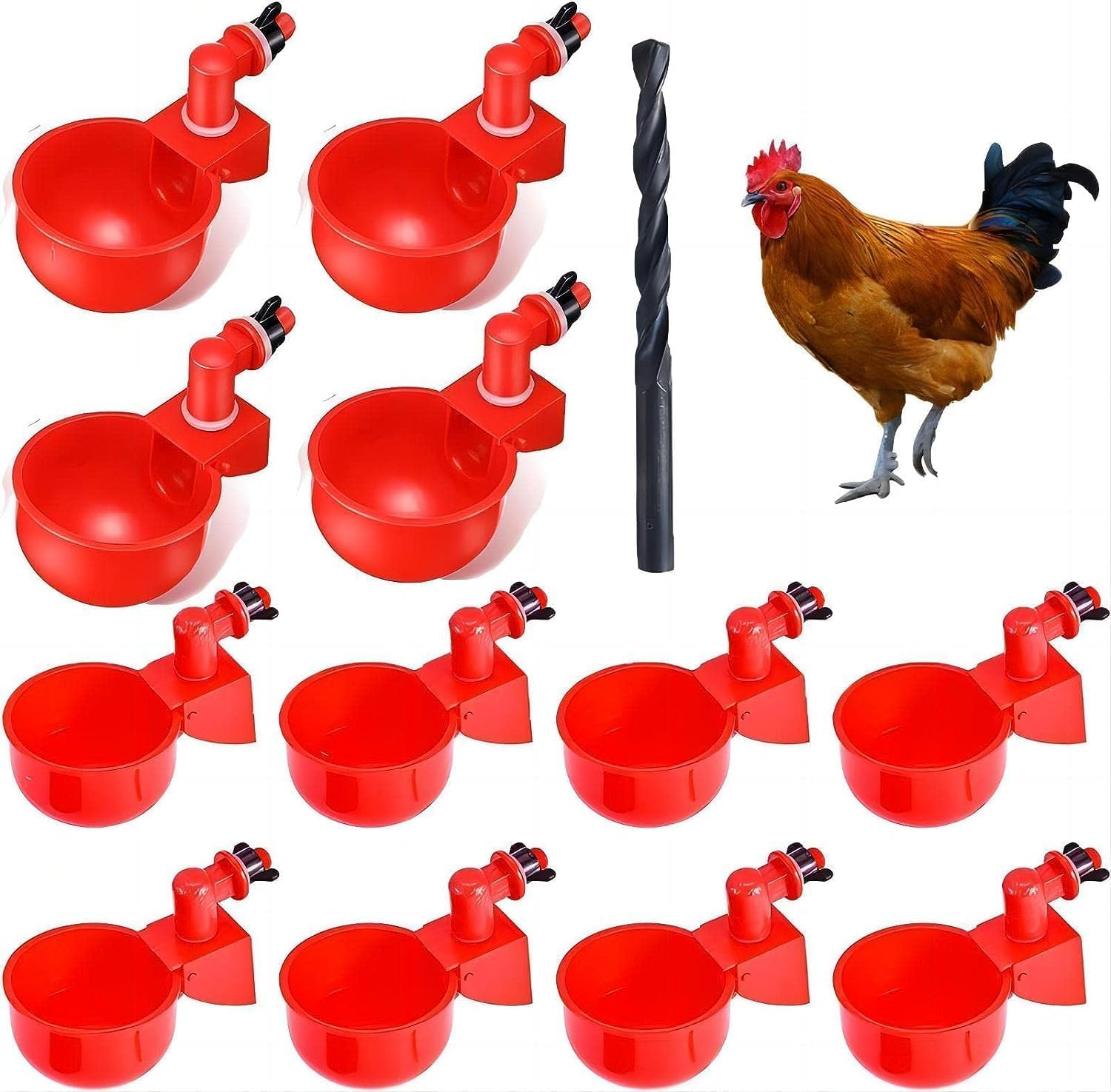 [12 Pack] Chicken Water Cups with PVC Tee, Automatic Waterer Kit for Poultry, DIY Water Feeder for Chicken Duck Quail Turkey, Chicken Water Nipples,Red image number 6