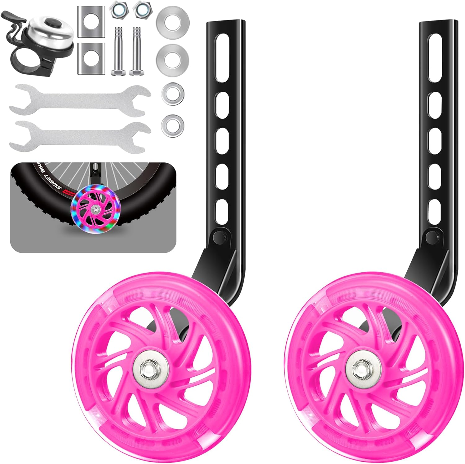 WIOSEIOC Bike Training Wheels,Thicken Stronger Flash Mute Wheel Adjustable Stabilizer Suitable for 12/14/ 16/18/ 20/ Inch Single Speed Bike, Including Mounted Kit