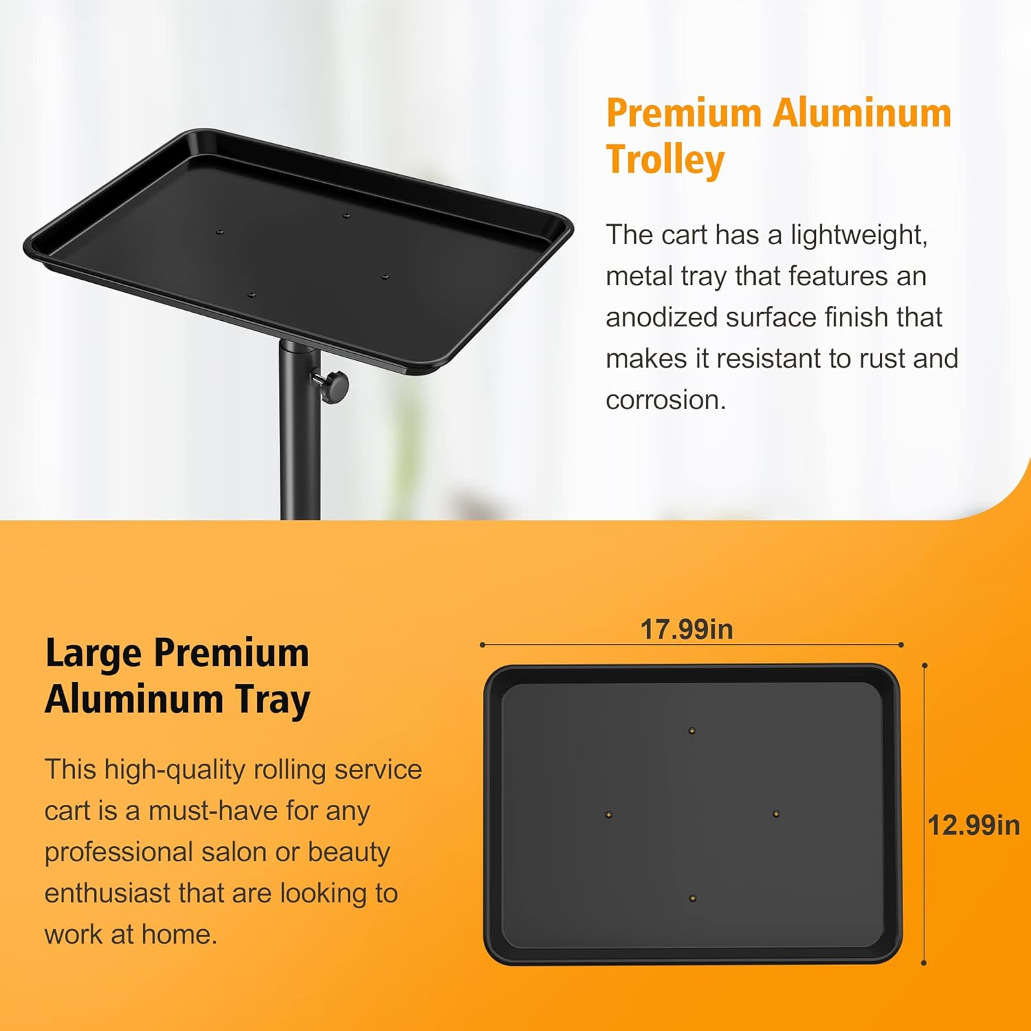 DEER BEAUTY Salon Tray on Wheels - Premium Aluminum Tattoo Tray Rolling Trolley - Adjustable Salon Service Rolling Tray Hairdresser Cart with Clinic Spa Rolling Tray Wheels (Black) - Black image number 2