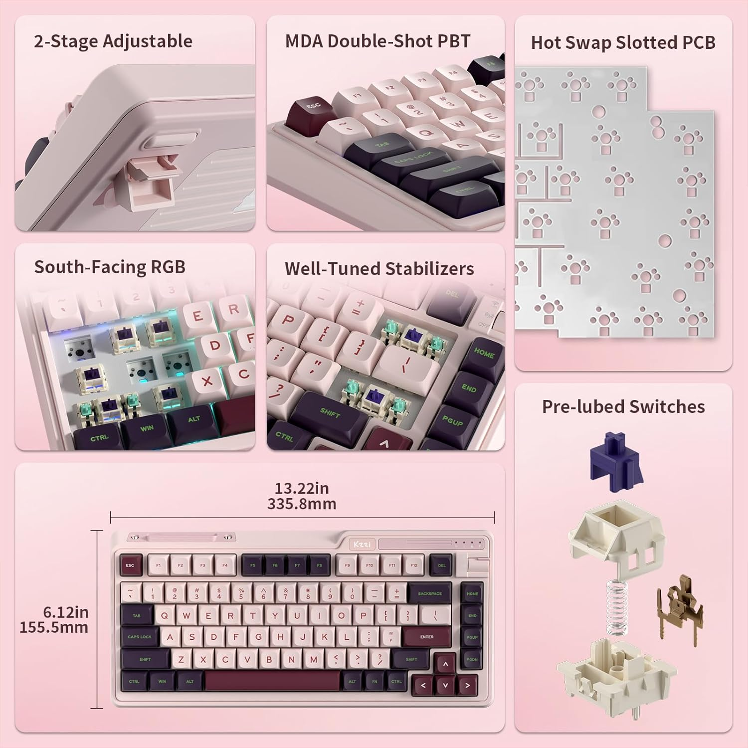 KZZI K75 Lite 75% Gasket Wireless Mechanical Keyboard, RGB Gaming Keyboard W/ 3-Mode Knob BT 5.0/2.4G/USB-C Wired, Hot Swappable, PBT Keycaps, 5-Layer Padding & Creamy Pre-Lubed Custom Linear Switches image number 3