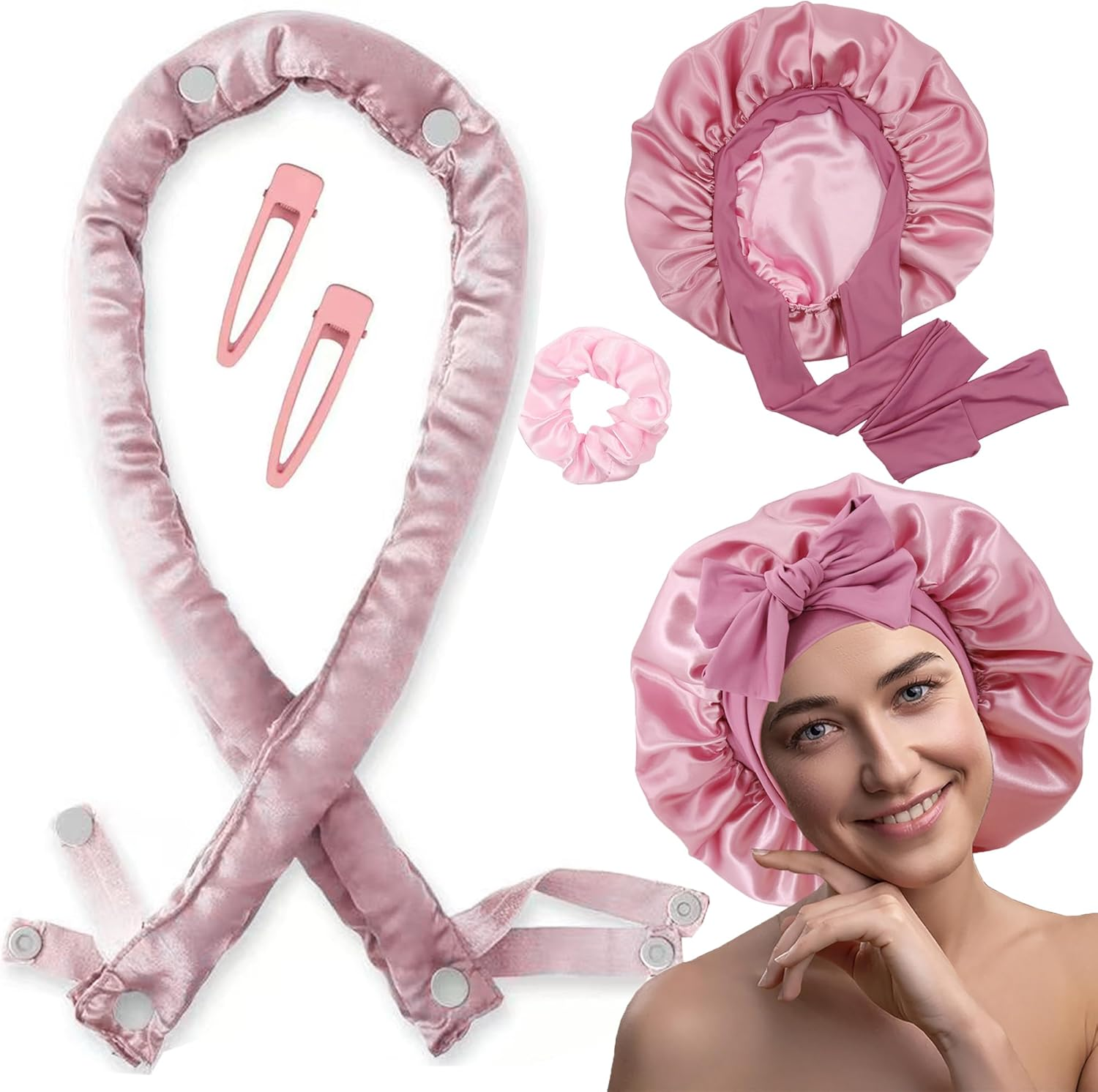 Satin Curling Iron without Heat - 3 Ways to Curl Hair, Blow Dry Curls without Heat Overnight, Curling Iron Set without Heat with Satin Hood for Sleeping (Brown & Black, One Size)