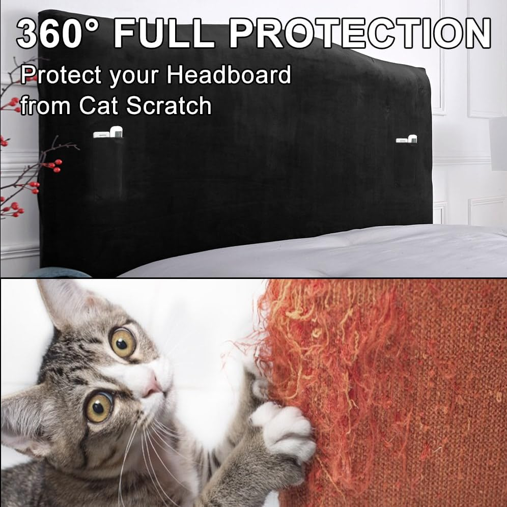 WOMACO Velvet Bed Headboard Slipcover Protector Stretch Solid Color Dustproof Cover for Bedroom Decor, Plush Black, Full (47"-55")