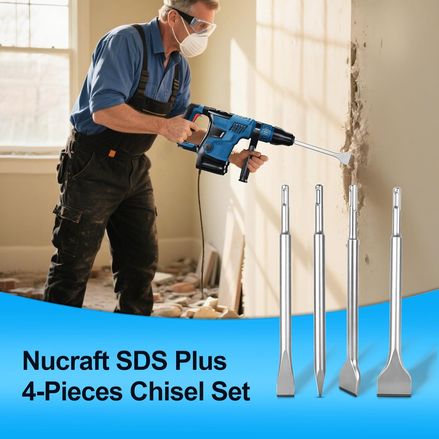Nucraft SDS plus Chisel Set, 4 Piece Steel Tool Set (Wide, Flat, Pointed) Tile Chisels, Suitable for Masonry, Bricks, Walls, Granite, Concrete Rotary Hammer Chisels image number 1