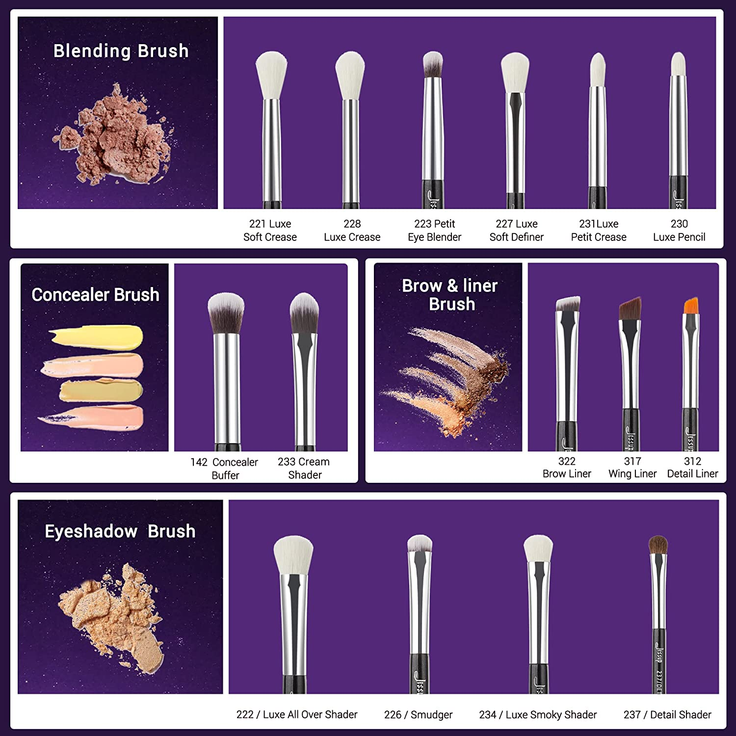 Jessup 15Pcs Professional Makeup Brushes Set Make up Brush Tools Kit Cosmetics Tools Eye Liner Shader Wood Handle Natural-Synthetic Hair Brushes Pearl Black/Silver (Black/Silver), T177 - Blushing Bride image number 2