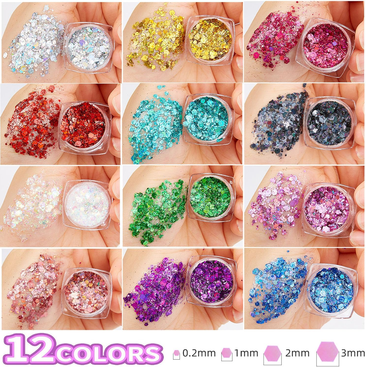 Roczential 12 Colors Mermaid Face Glitter Gel, Face and Body Glitter Gel, Sequins Glitter Face Paint, Hair Glitter Gel, Glitter Gel Makeup for Lip, Hair, Eyes, Chunky Glitter for Festivals, Parties image number 5