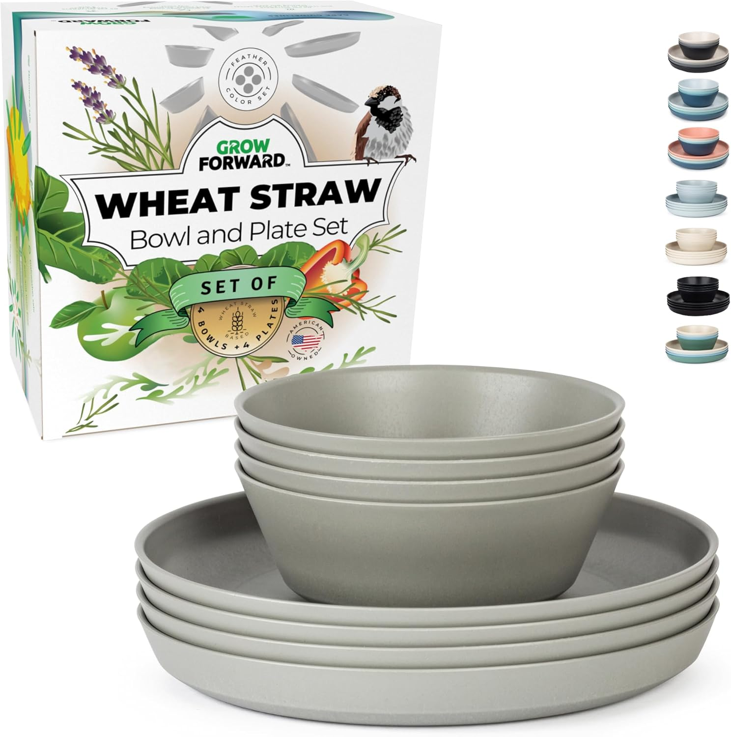 Grow Forward Premium Wheat Straw Plates and Bowls Sets - 8 Unbreakable Microwave Safe Dishes - Reusable Wheat Straw Dinnerware Sets - Plastic Plates and Bowls Alternative for Camping, RV - Midnight
