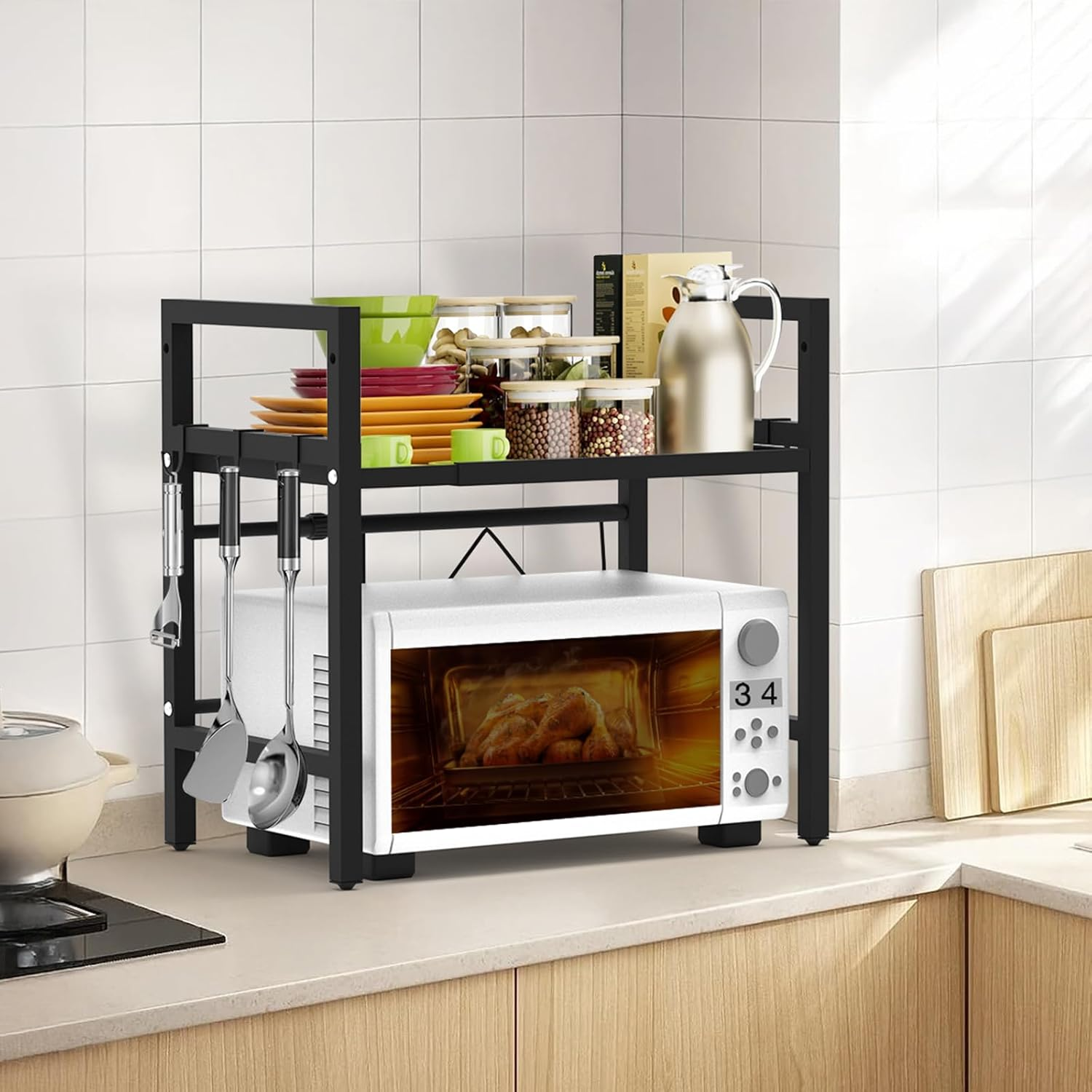 DULCE DOM Expandable Microwave Shelf, 2-Tier Adjustable Microwave Oven Rack, Space Saving Kitchen Counter Shelf for Kitchen Organizers and Storage, 45 KG Load Bearing, with 6 Hooks (2 Tier) image number 5