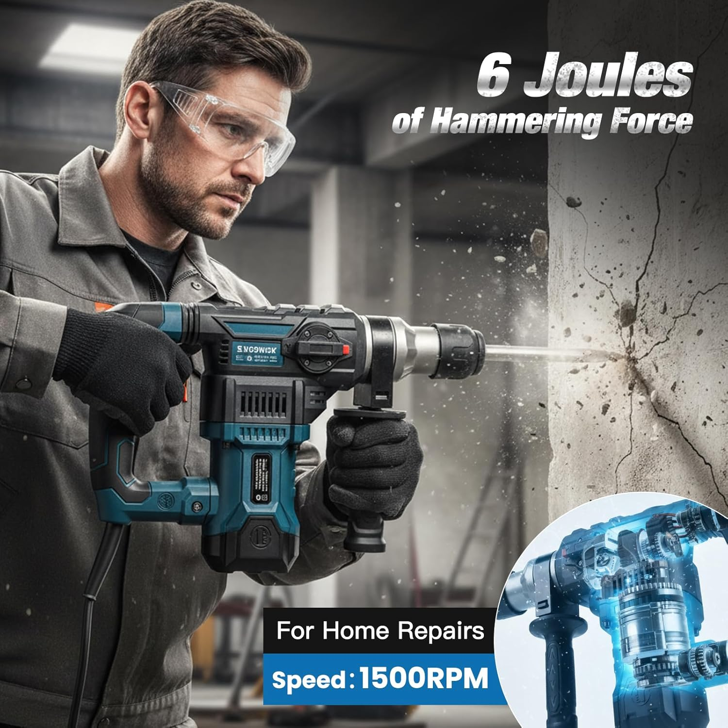 Advwin Rotary Hammer Drill, Sds-Plus Electric Impact Hammer with Safety Clutch, Adjustable Grip Angle, Vibration Buffer, Carbon Brush, 9 Drill Bits image number 3