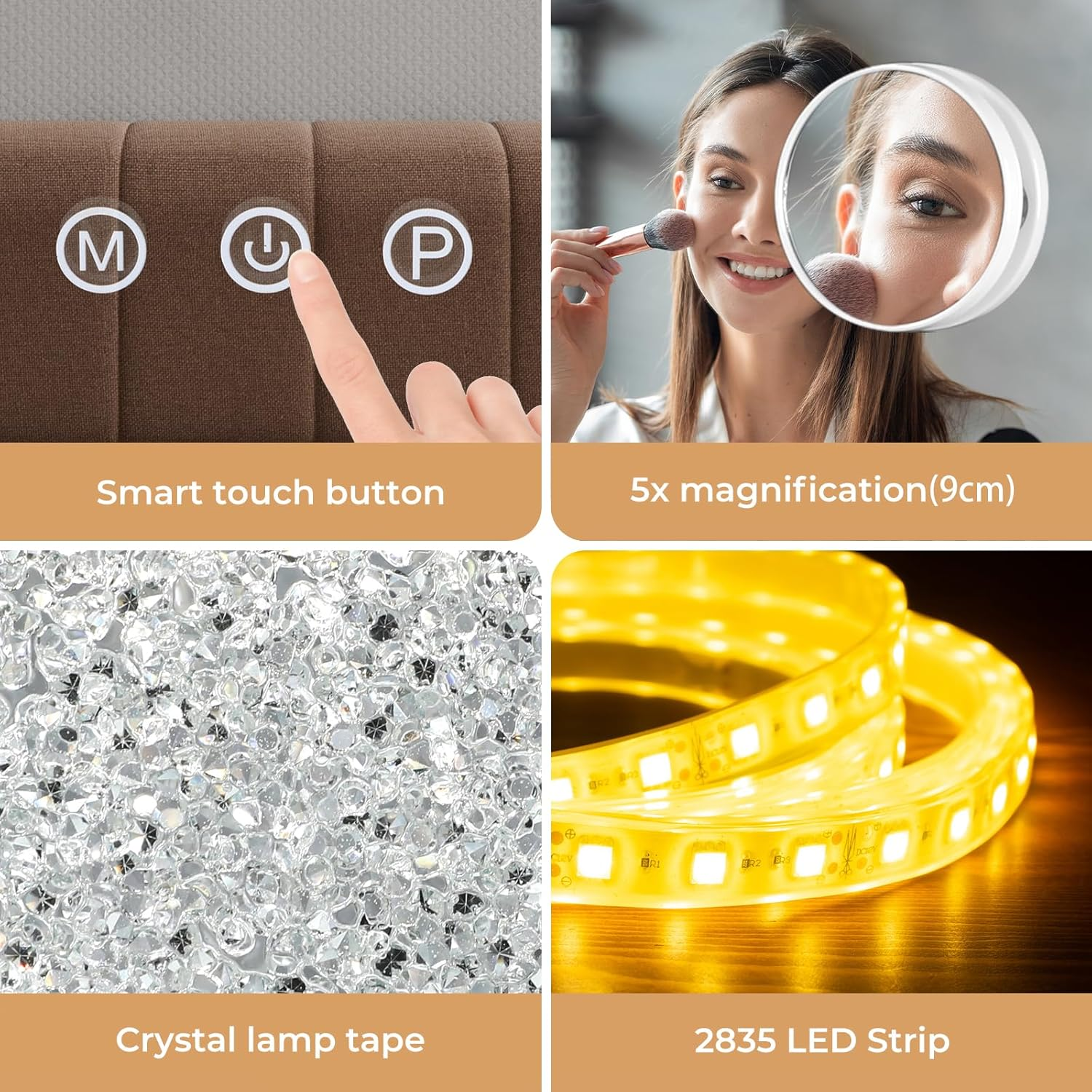 Yezi Vanity Mirrors Magnifying 5X with LED Lights,Hollywood Makeup Mirror 80X60Cm with 3 Color Lighting Modes,Smart Touch Control, Wall Mounted & Desk Tabletop,White image number 6