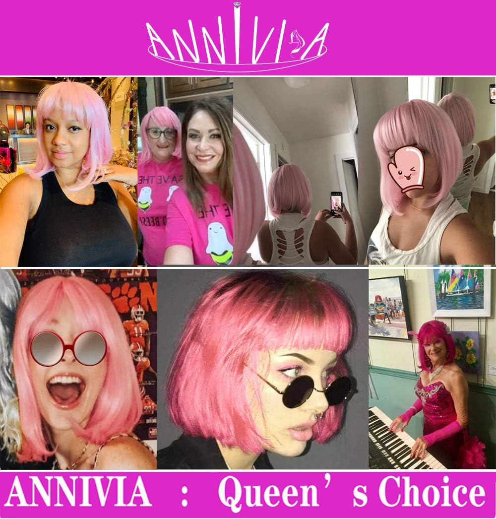 Pink Colored Short Bob Wig with Bangs for Women 12'' Straight Synthetic Wigs Halloween Custume Cosplay Party Wig image number 6