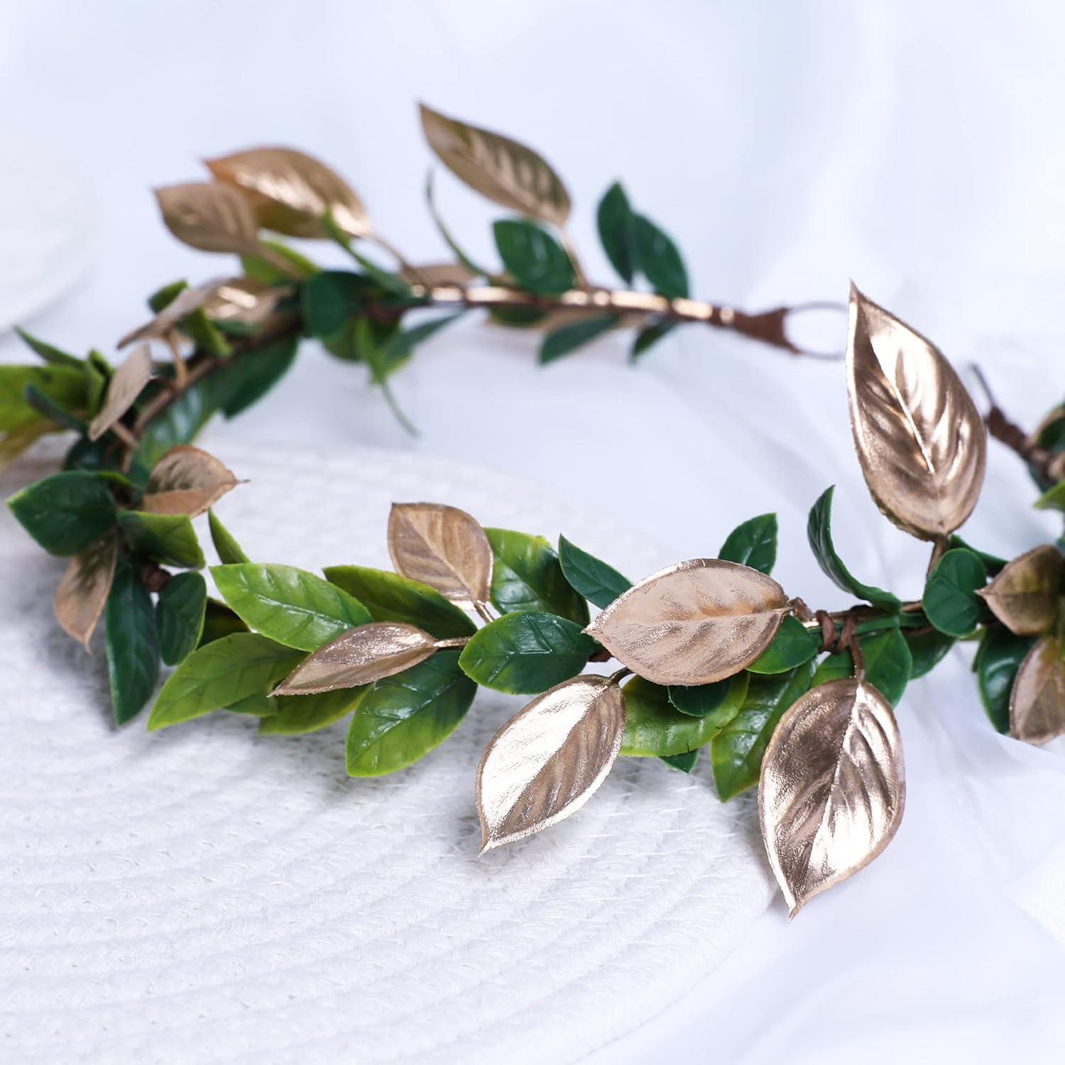 MOSTORY Handmade Fairy Woodland Crown - Forest Elf Headband Flower Circlet Elven Leaf Wreath for Renaissance Halloween Cosplay Women Girls Photoshoot Green Gold image number 6