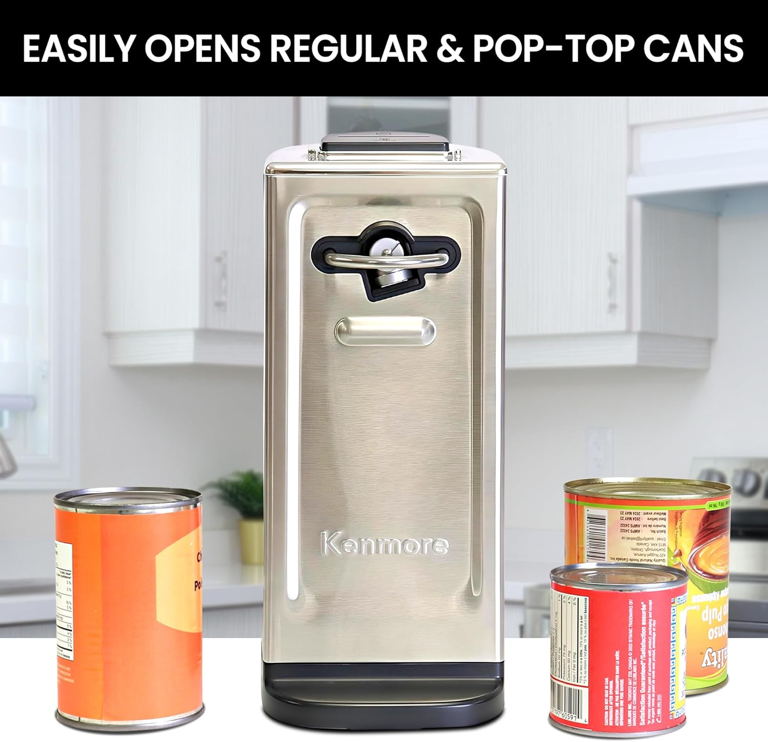 Kenmore Electric Can Opener - Extra-Tall, Smooth-Touch Side-Cut Blade, Safe Storage, Automatic Operation, Opens Regular & Pop-Top Cans, Black Steel Steel Camping Tool, Kitchen Gadget, Secure Grips image number 1