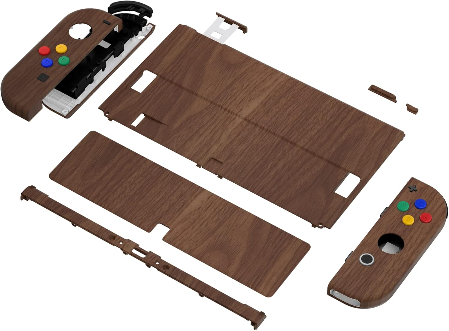 Extremerate Wood Grain Soft Touch Full Set Shell for Nintendo Switch OLED, Replacement Console Back Plate & Metal Kickstand, NS Joycon Handheld Controller Housing & Buttons for Nintendo Switch OLED image number 5