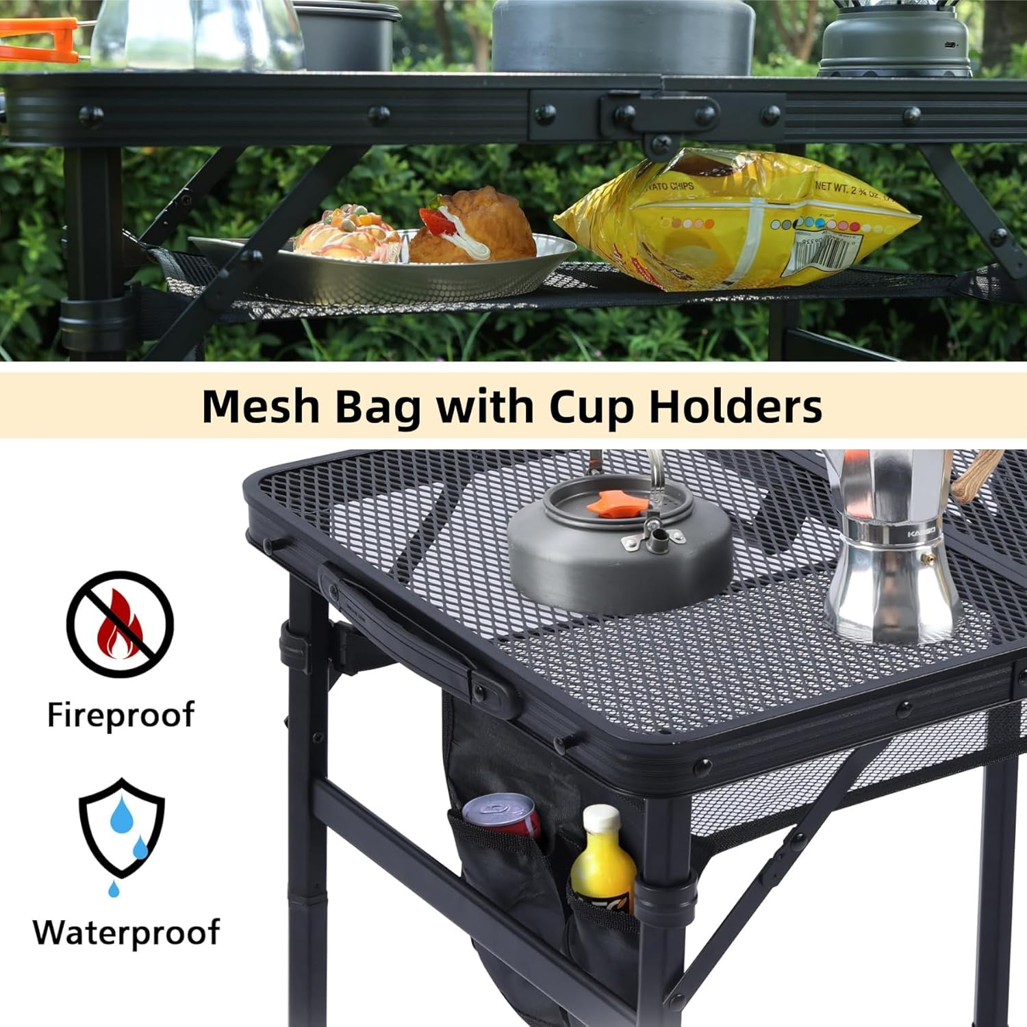 FORYUSE Folding Camping Table 60X40Cm Portable Lightweight Height Adjustable Metal Mesh Desktop Bag Side-Pocket Carry Handle for Outdoor Picnic Grill BBQ Beach image number 5