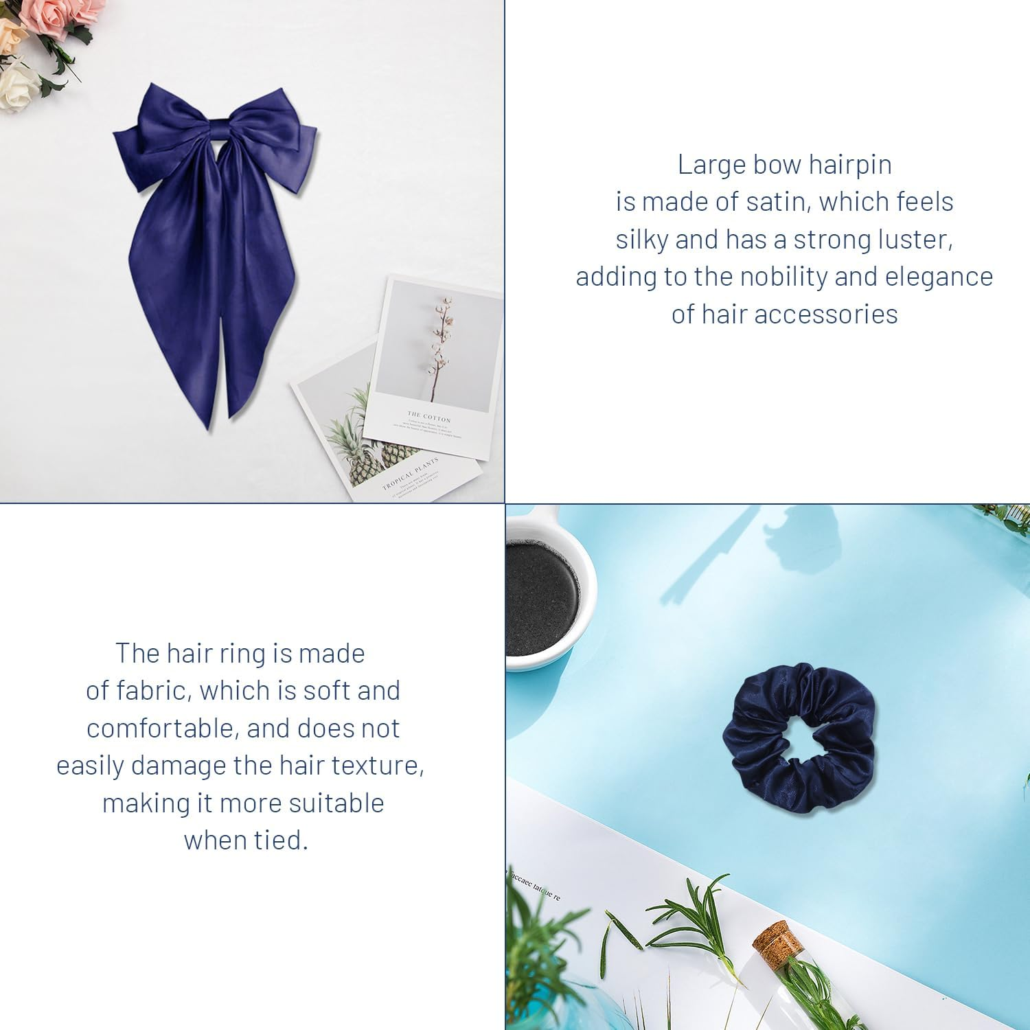 1 Large Hair Pin with Bow and 1 Hair Ring, Long Bow, French Hair Accessories, Silky Satin Hair Pin (Navy Blue) image number 2