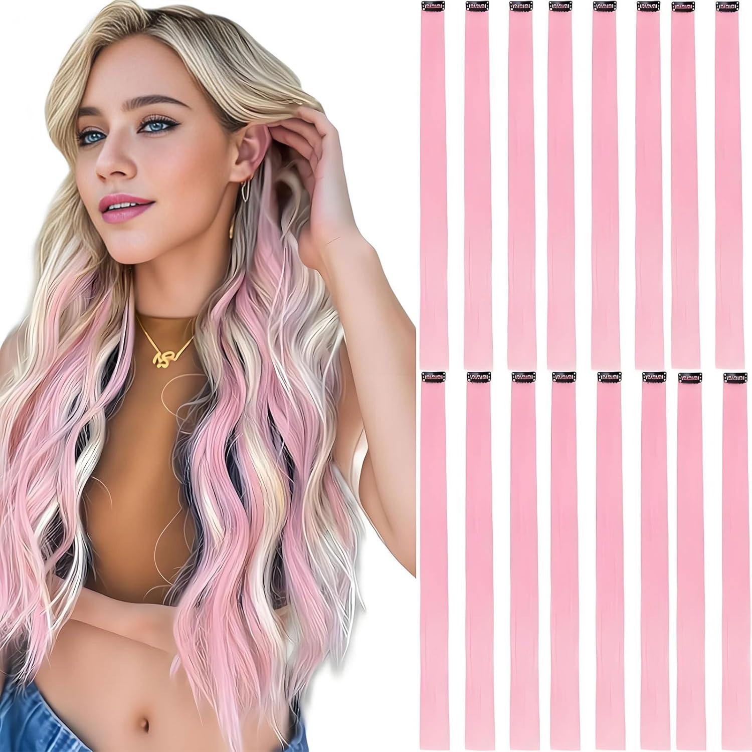 16 PCS Pink Colored Hair Extensions, 20 Inch Straight Synthetic Clip in Highlight Colorful Hair Pieces for Women Grils image number 6