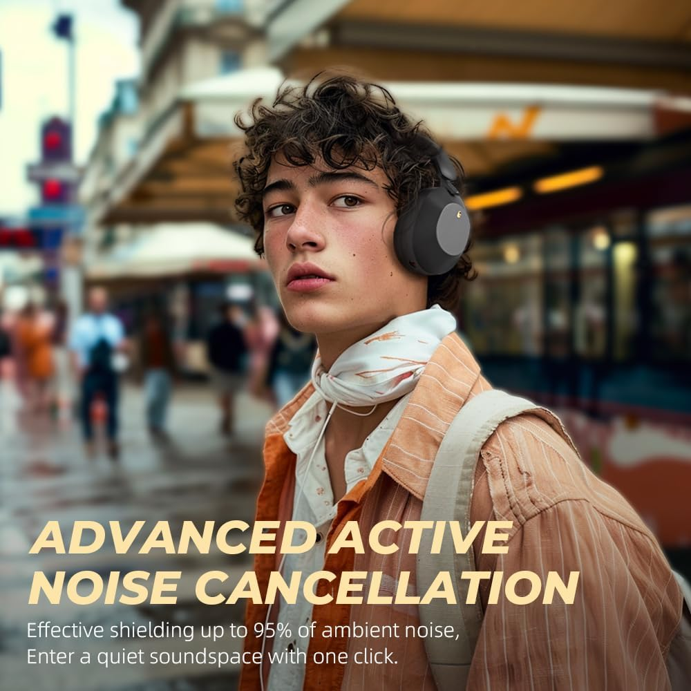 Ikf-Solo Active Noise Cancelling Wireless Headphones over Ear 130H Playtime Bluetooth 5.4 App Control 35Ms Low Latency Hi-Res Audio with Mic Call Noise Cancellation for Gaming Music Read Live (Black) image number 2