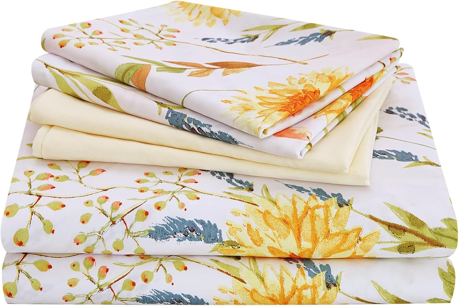 JSD 6 Piece Yellow Floral Print Sheet Set Queen Size, Soft Botanical Microfiber Sheets and Pillowcases Deep Pocket image number 5