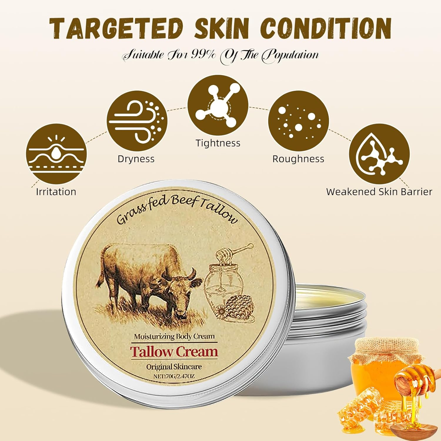 Beef Tallow for Skin, Beef Tallow and Honey Balm, Beef Tallow Face Moisturizer Hydrates and Nourishes the Skin, Whipped Tallow Honey Balm Natural Beef Tallow Lotion for Body Skin Care(2.470Z) image number 5