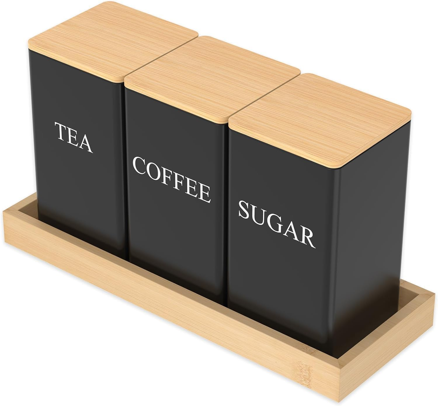 Alerrawia Tea Coffee Sugar Canister 1000 Ml Metal Coffee Tea Sugar Container with Airtight Bamboo Lid and Name Marker Food Storage Containers Jars for Coffee Sugar Tea Black Container Sets