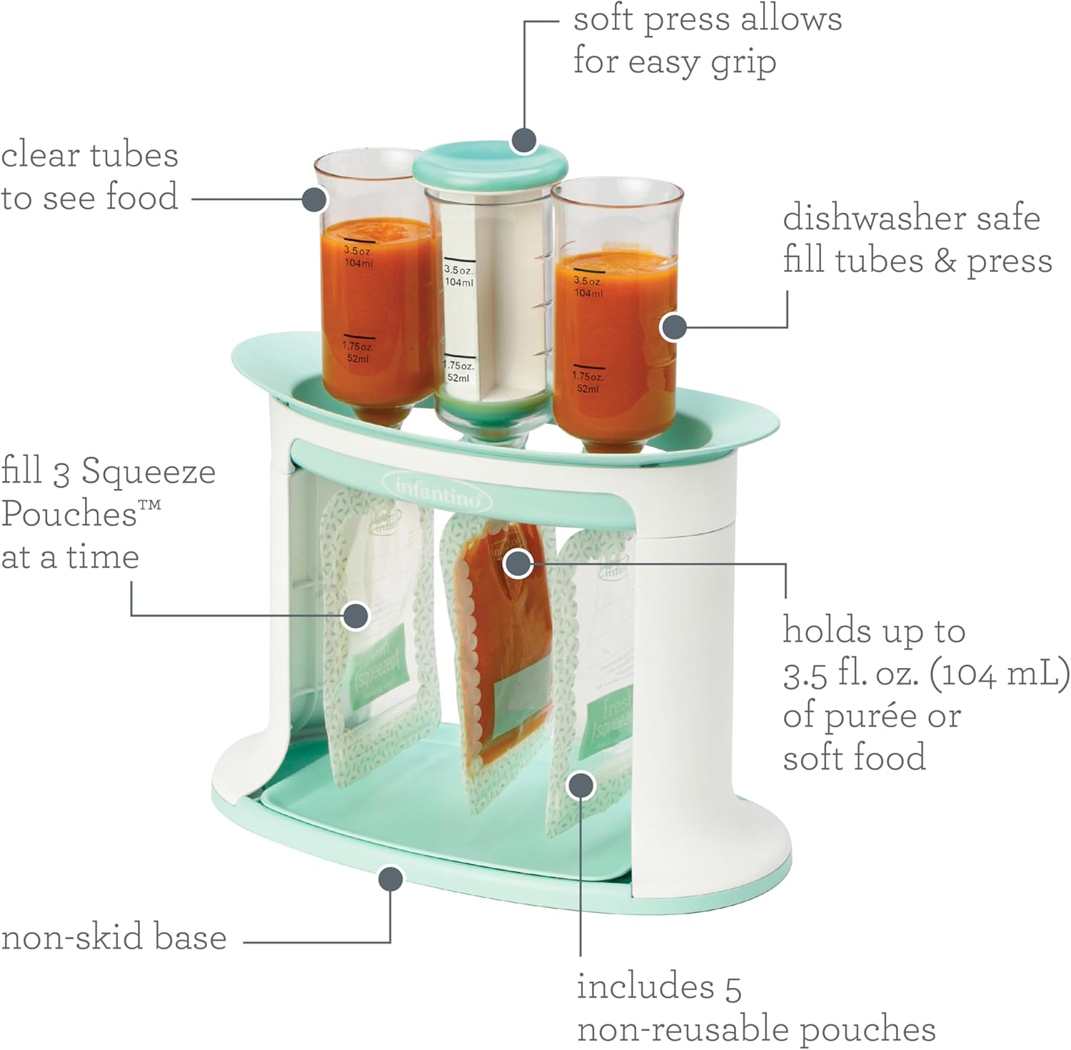 Infantino Squeeze Station, Baby Food Maker & Pouch Filler, Fill 3 Reusable Pouches at Once, Easy to Use, Dishwasher Safe, Homemade Baby Food Prep Essential, Teal image number 3