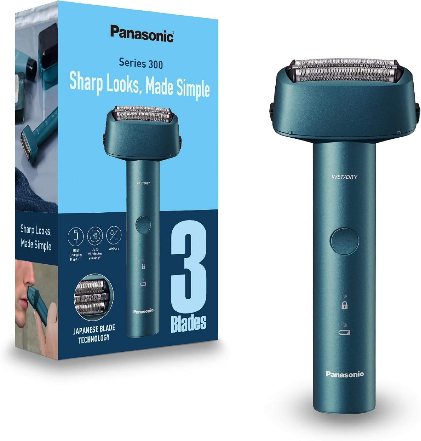 Panasonic Series 300 Wet & Dry 3-Blade Electric Shaver for Men, Stainless Steel Blades, Ergonomic Handle with USB-C Charging, Black (ES-RM3B-K541)