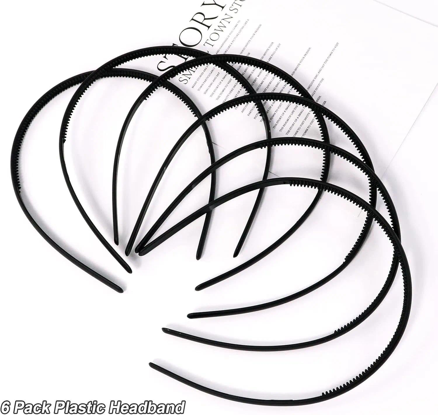 6 Pack Plastic Hair Band Headband, Black Non-Slip Skinny Hairband for Men and Women, Durable Elastic Hair Hoop with Inner Teeth for Daily Wear by Unron