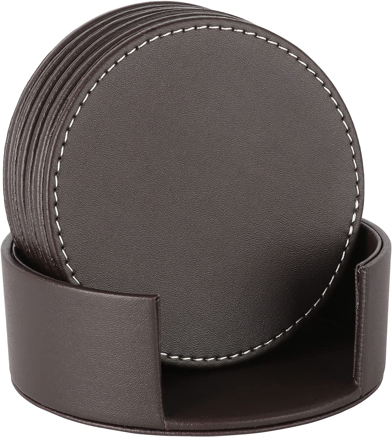 CARLWAY Set of 6 Leather Drink Coasters round Cup Mat Pad for Home and Kitchen Use Black, 3.94", 10Cm,