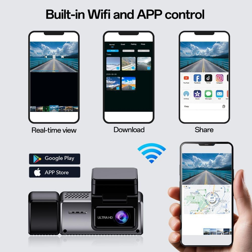 3 Channel Dash Cam with GPS, 2K+1080P+1080P Triple Lens Car Camera, Wifi, 24H Parking Mode, Acc Loop Recording, Support 256GB, Night Vision, Motion Detection, 3 Inch Screen image number 4