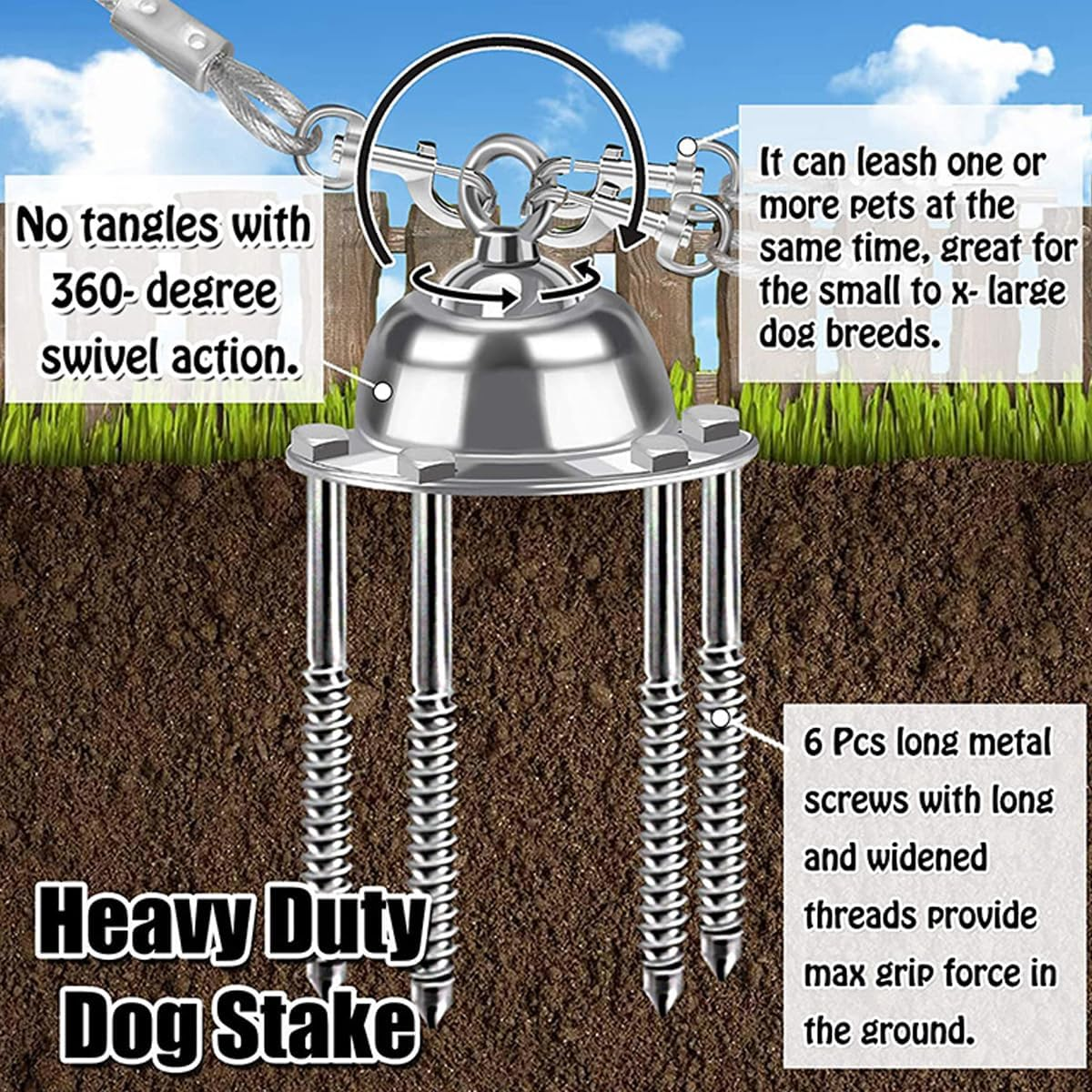AIMALL Heavy Duty 360&deg; Rotating Dog Anchor Stake, 2.82 Inch Diameter, Rustproof Iron Pet Leash for Garden/Camping, Dog User Outdoor Safety Stake