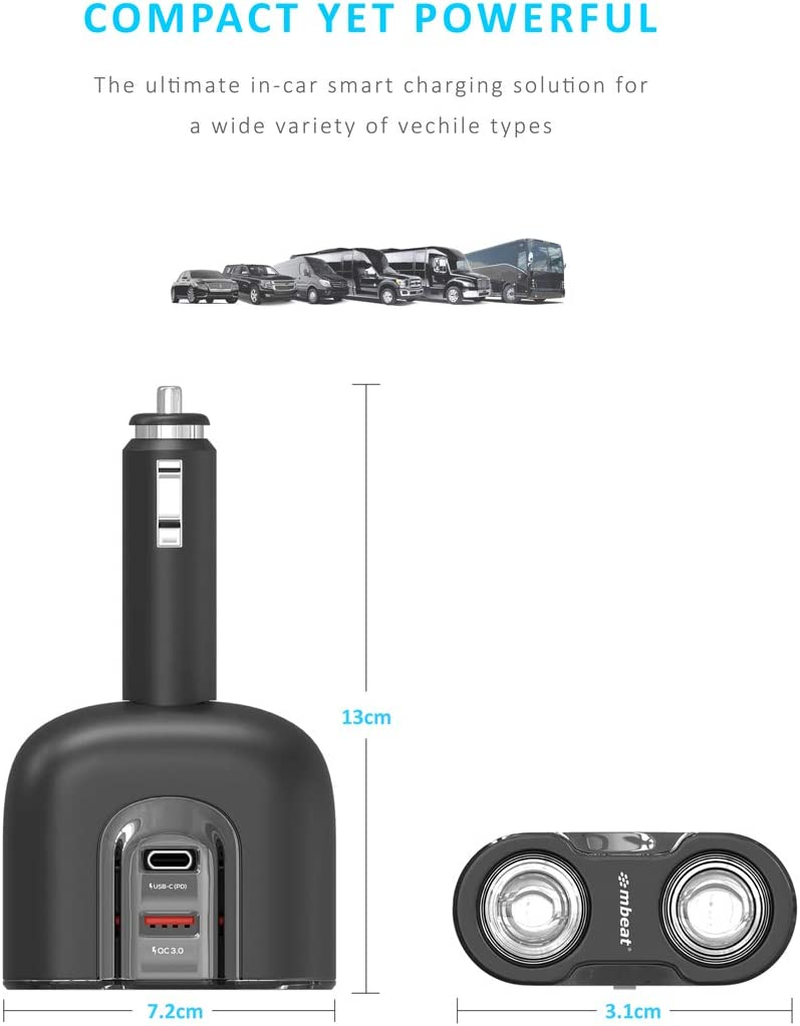 Mbeat Gorilla Power Dual Port USB C 3.0 Car Charger with Cigarette Lighter Socket Splitter