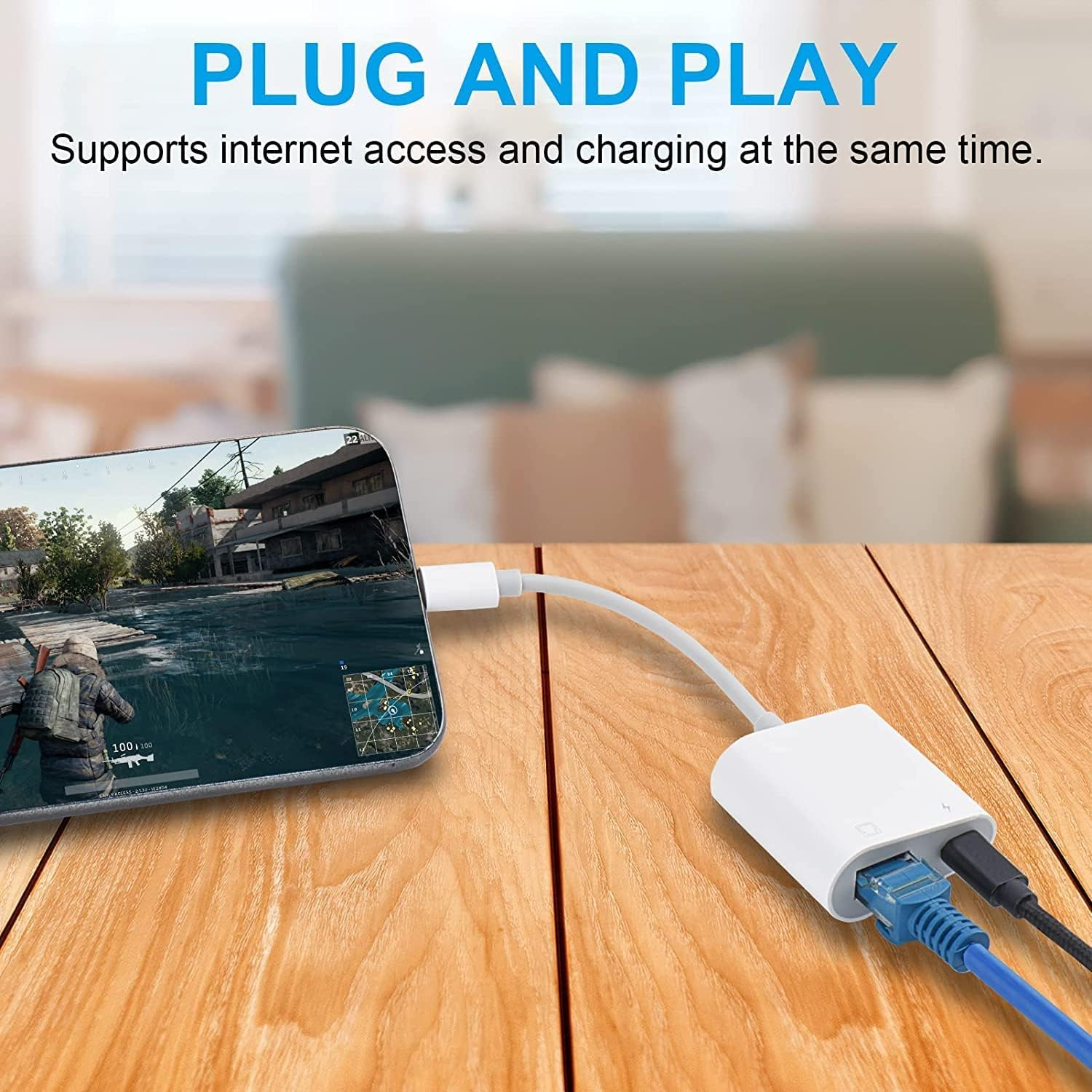 Lightning to Ethernet Adapter, 2 in 1 RJ45 Ethernet LAN Network Adapter with Charging Port for Phone, Pad 10/100Mbps High Speed, Plug and Play image number 2