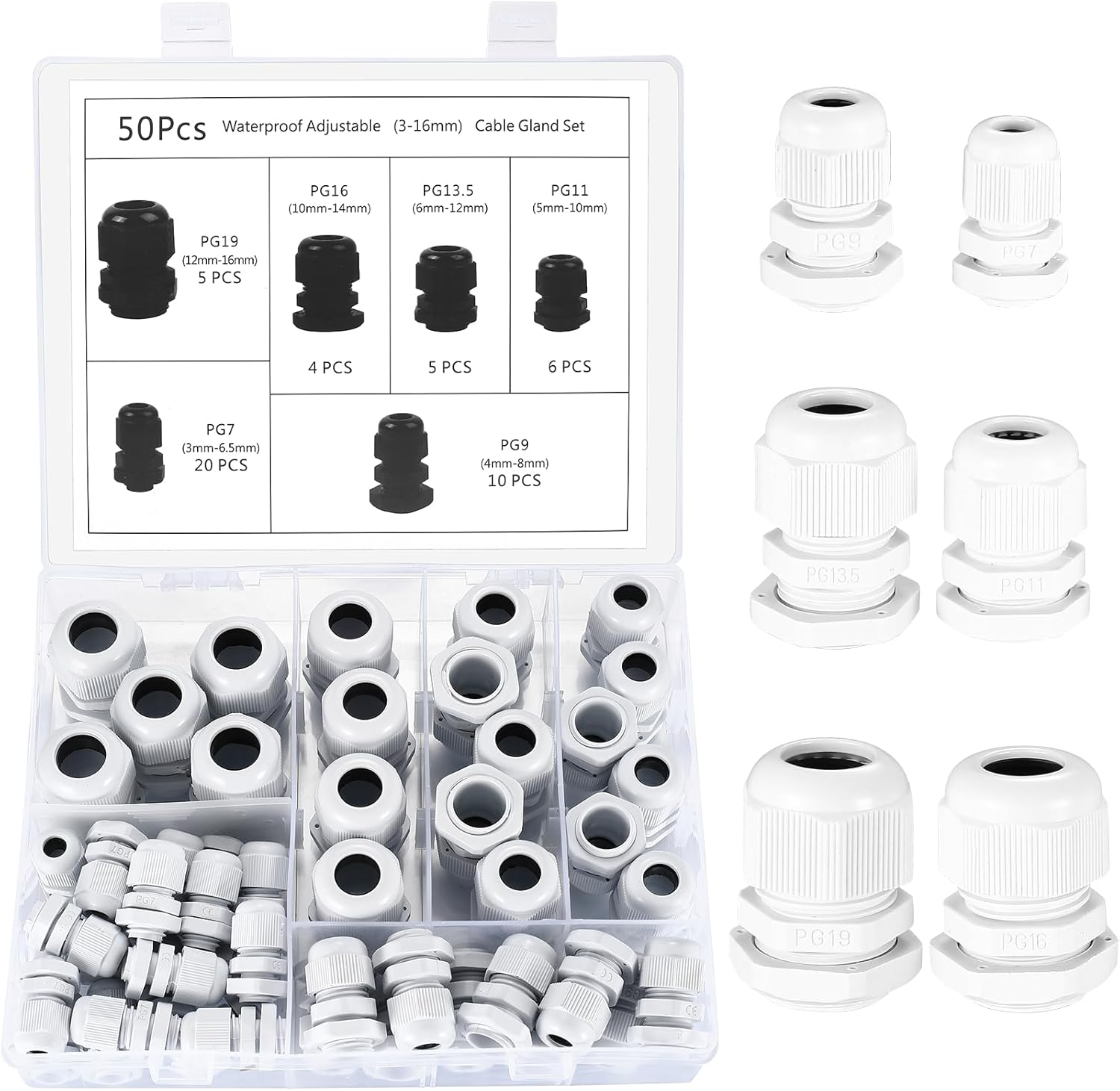 Pack of 50 Cable Glands Set, IP68 Waterproof Adjustable Cable Grommet, Black Adjustable Cable Connectors, Cable Connectors Set - PG7/9/11/13.5/16/19/21 PG25/29/36/42/48/63