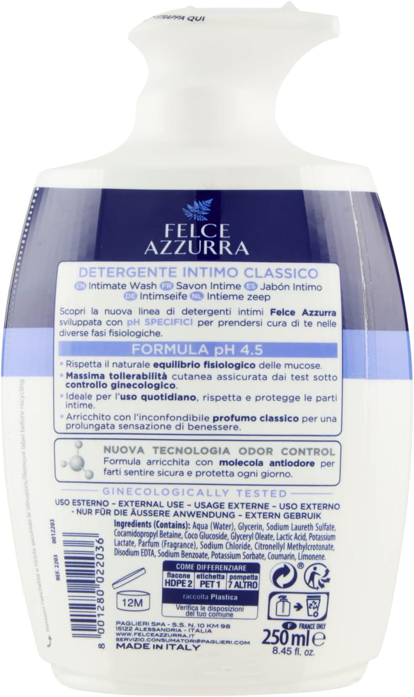 Felce Azzurra - Classic Intimo Cleaning Agent - Ph Value 4.5 Daily Hygiene - 250 Ml image number 4