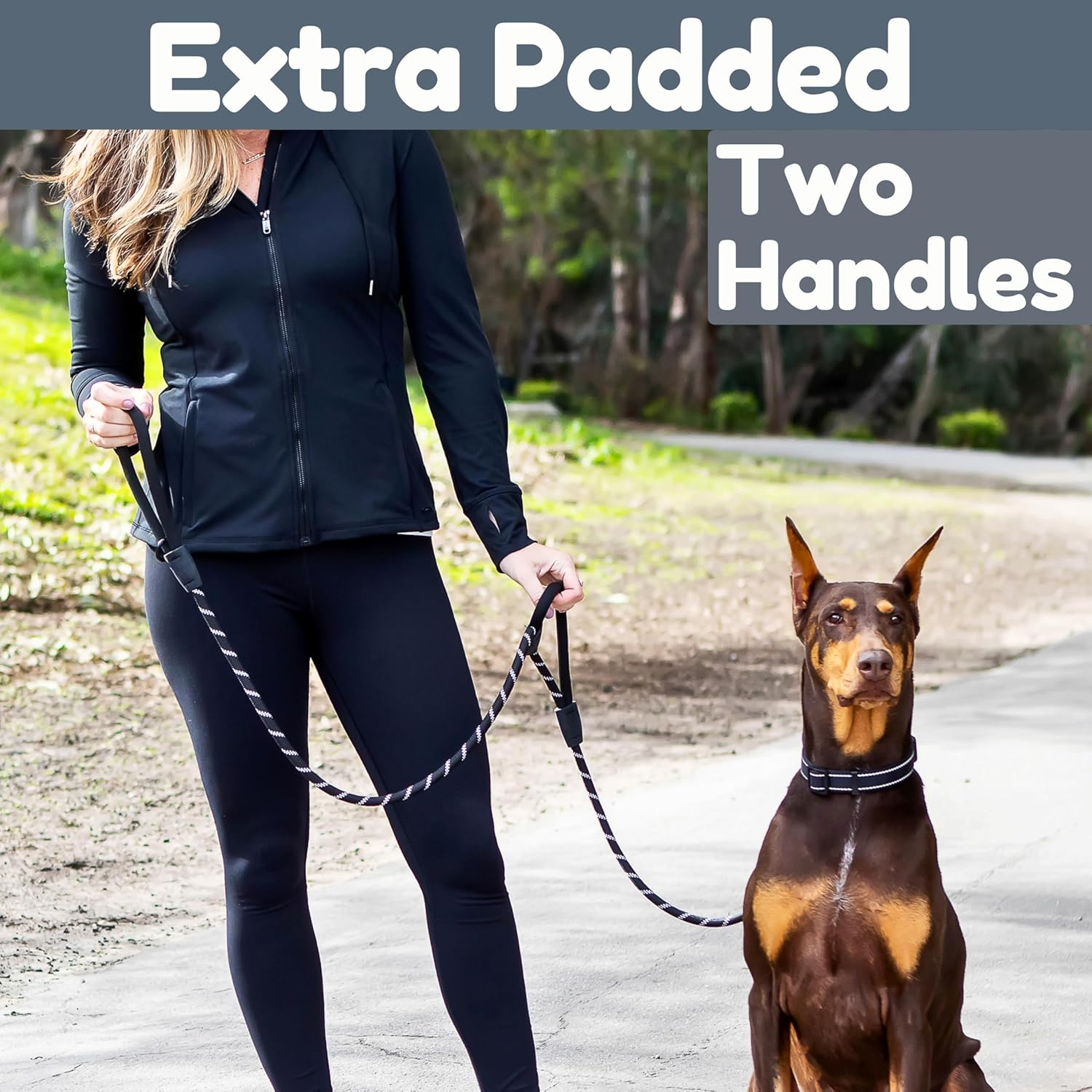 Roam Gear Black 6FT Dog Leashes - Extra Padded Two Handles, Lockable Metal Carabiner Clip, Durable Silicone Clamps, Reflective Dog Leash, No Pull Heavy Duty Dog Leash for Medium, Large, X-Large Dogs - Black image number 5