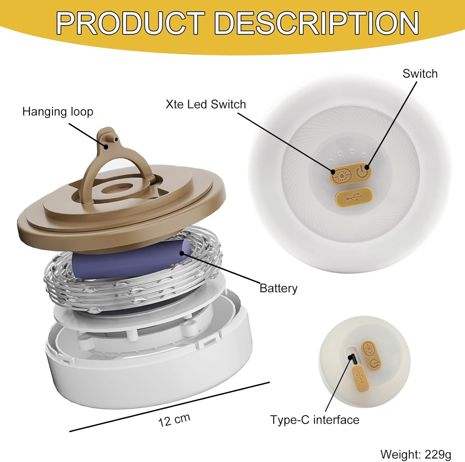 Camping String Light Lamp, 2 in 1 Rechargeable Waterproof LED Hanging Light, 32.8Ft Portable Camping Lantern for Outdoor Tent Garden Party Festival Decor - Light Yellow image number 3