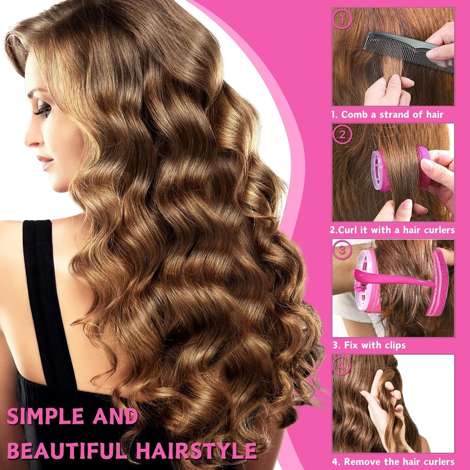 KEYRI 48-Piece Jumbo Large Curler Set, Adhesive Rollers, Self-Adhesive Hair Rollers with Hair Clip, DIY Hair Curls without Heat, for Long, Medium, Short Salon Hairdresser, 45/35/25 Mm (Pink) - Pink image number 2
