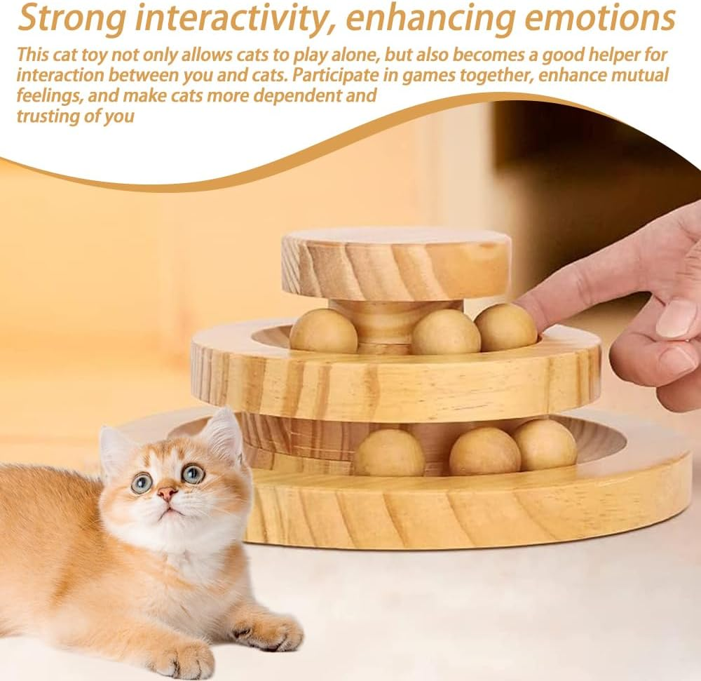 Cat Ball Track, Cat Toy, Kitty Toys Roller, 2-Level Cat Ball Tower with 6 Removable Balls, Interactive Wooden Cat Toy for Kitten Physical Exercise image number 3