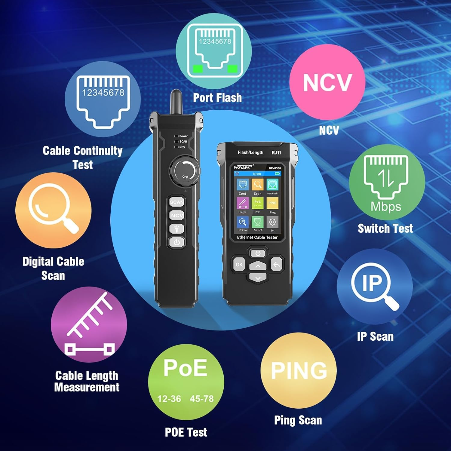 Network Cable Tester with IP Scan, NF-8506 TDR CAT5 CAT6 Ethernet Cable Tester, Poe Ping Test, Network Rate Test, Port Flashing, Network Tester Cable Toner for RJ11 RJ45 Ethernet LAN image number 4